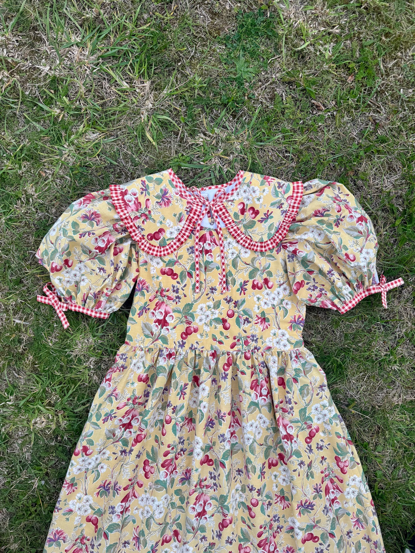 Yellow fruity and gingham dress