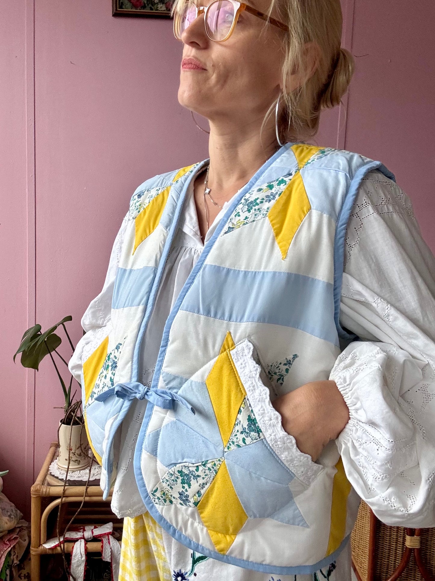 Blue/yellow patchwork vest