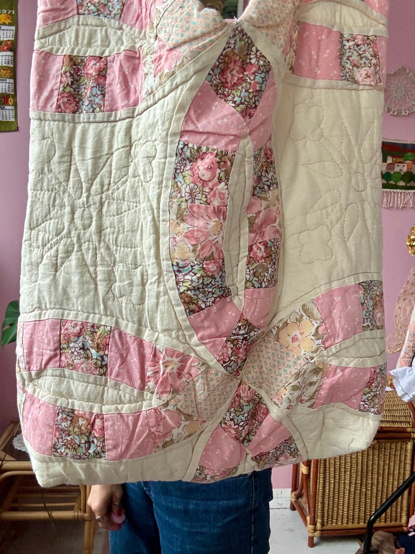 Patchwork tote bag with pink binding