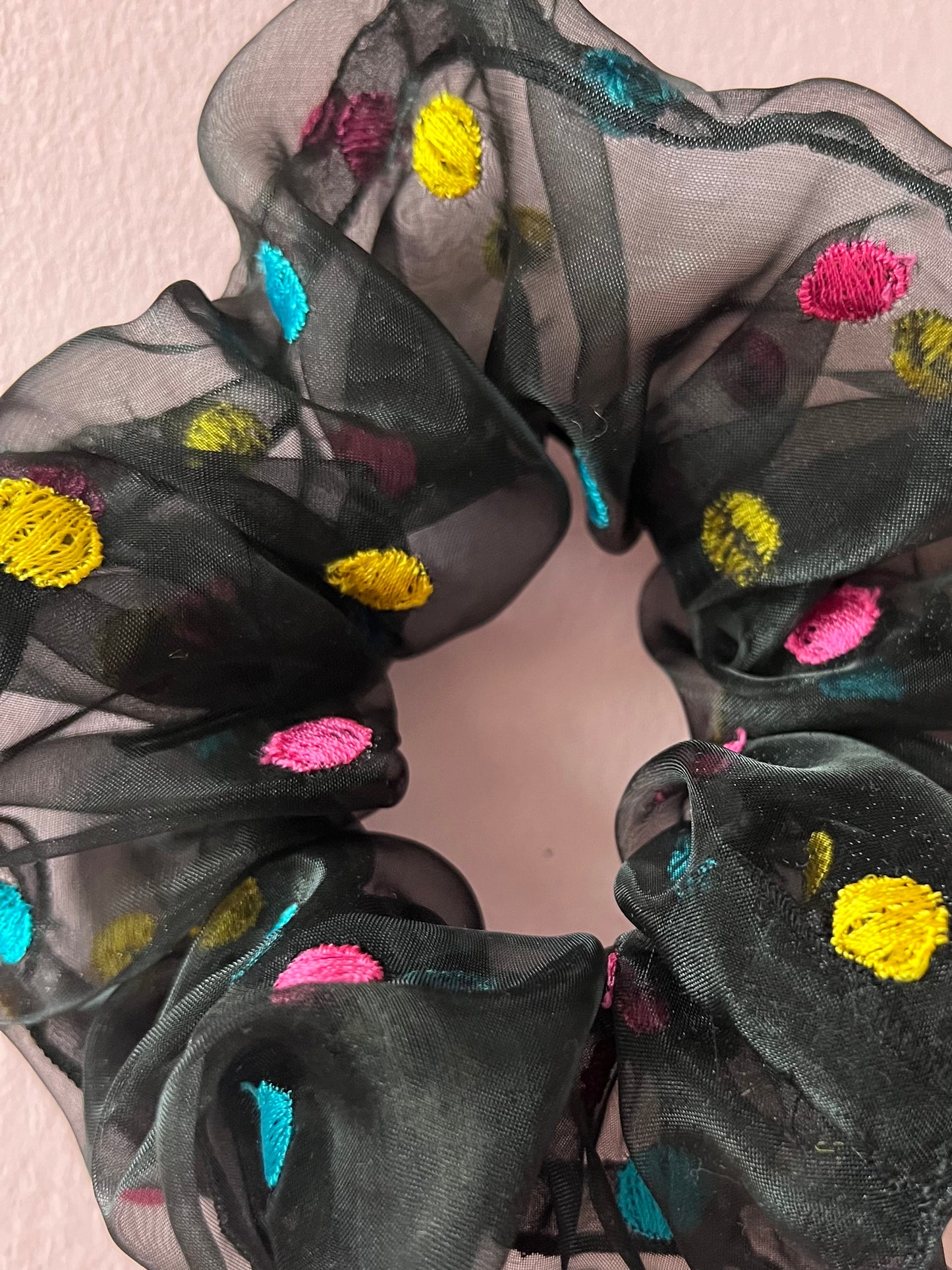 Black chiffon scrunchie with embroidery dots