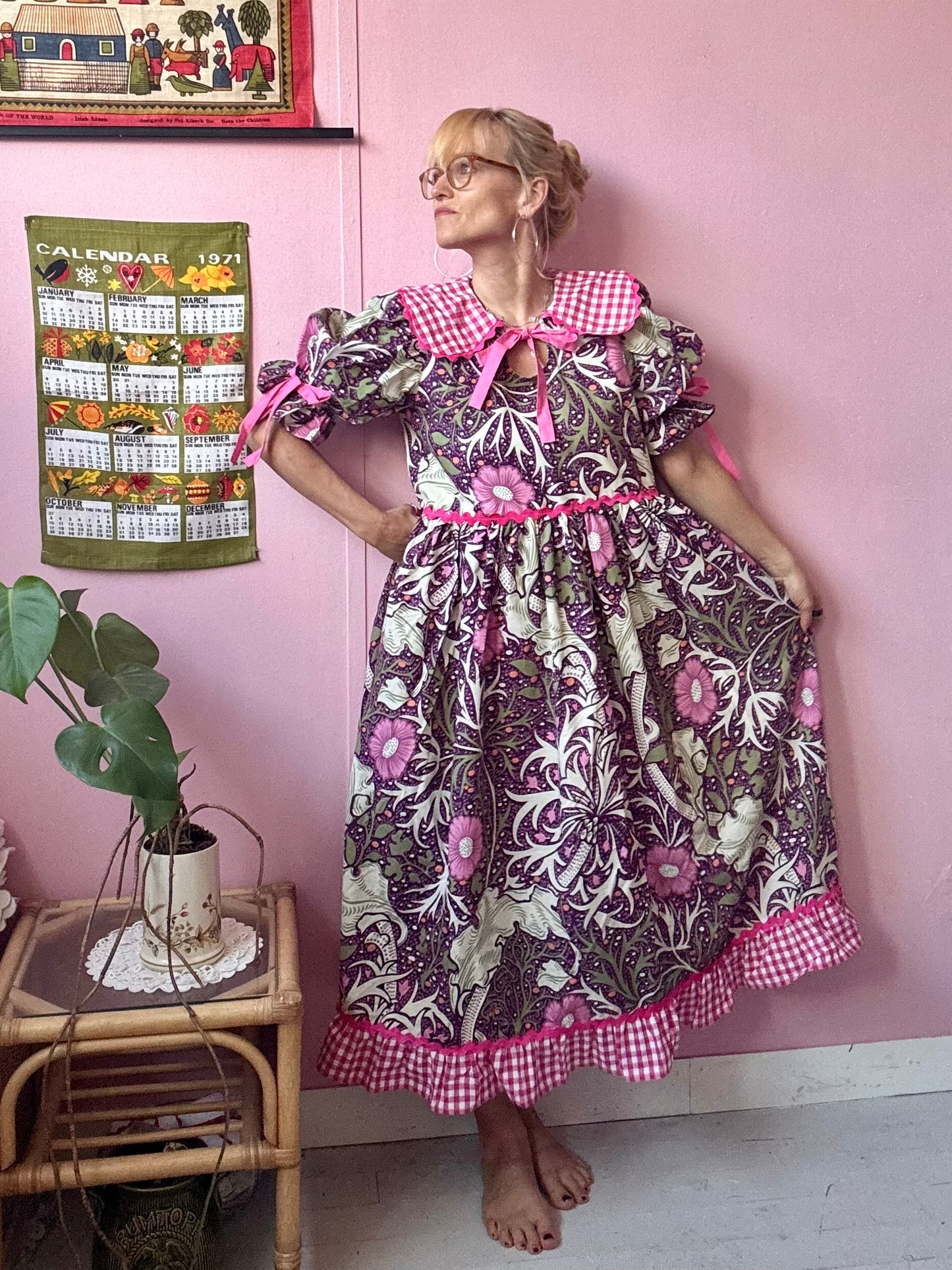 William Morris and cerise gingham dress