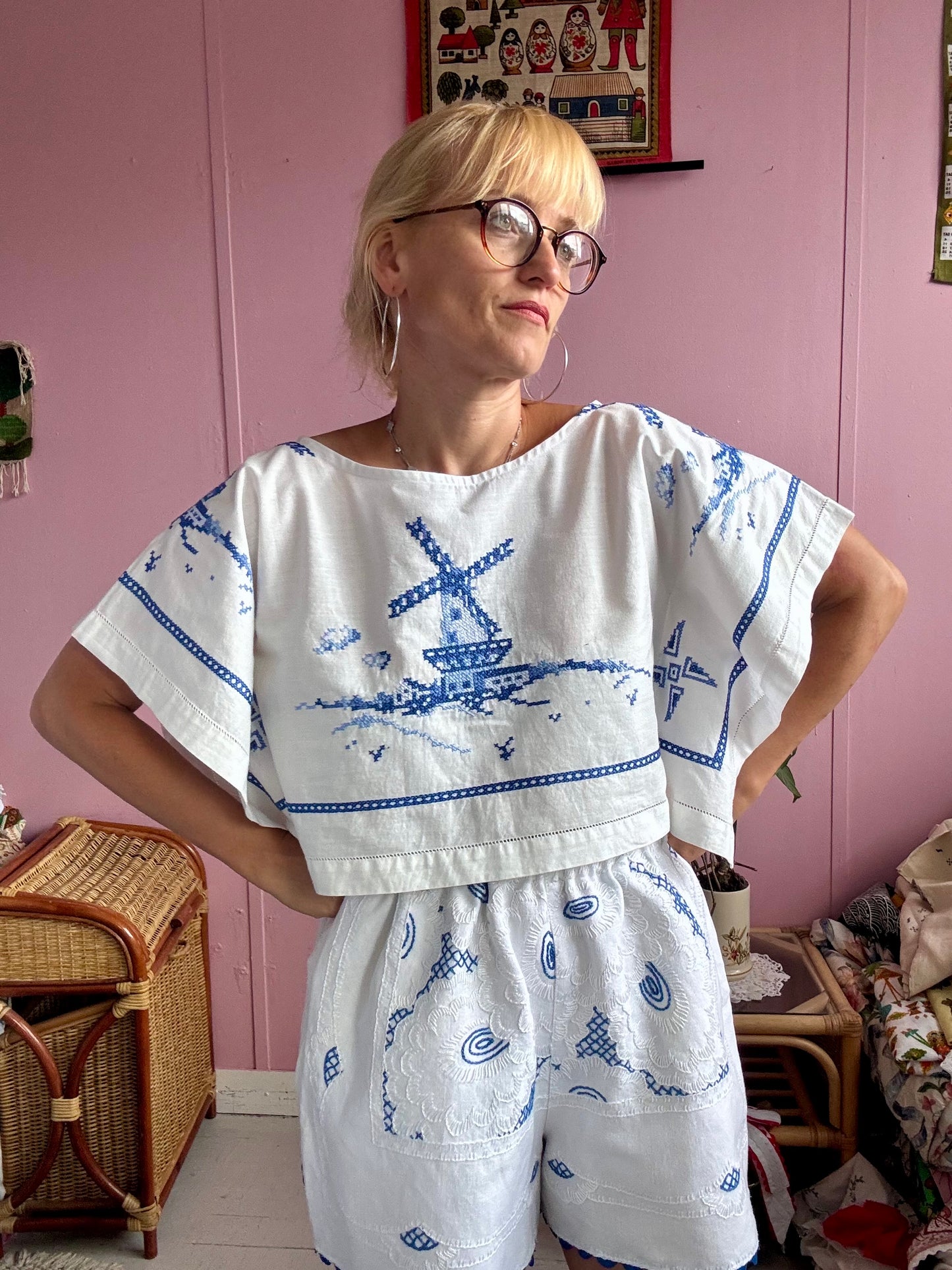 Basic top with blue hand embroidery
