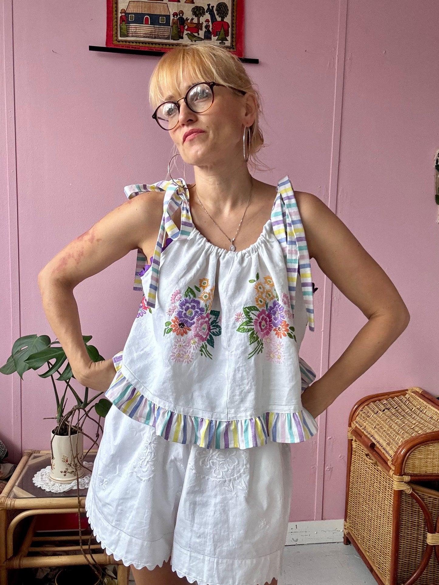 Floral top with stripes straps