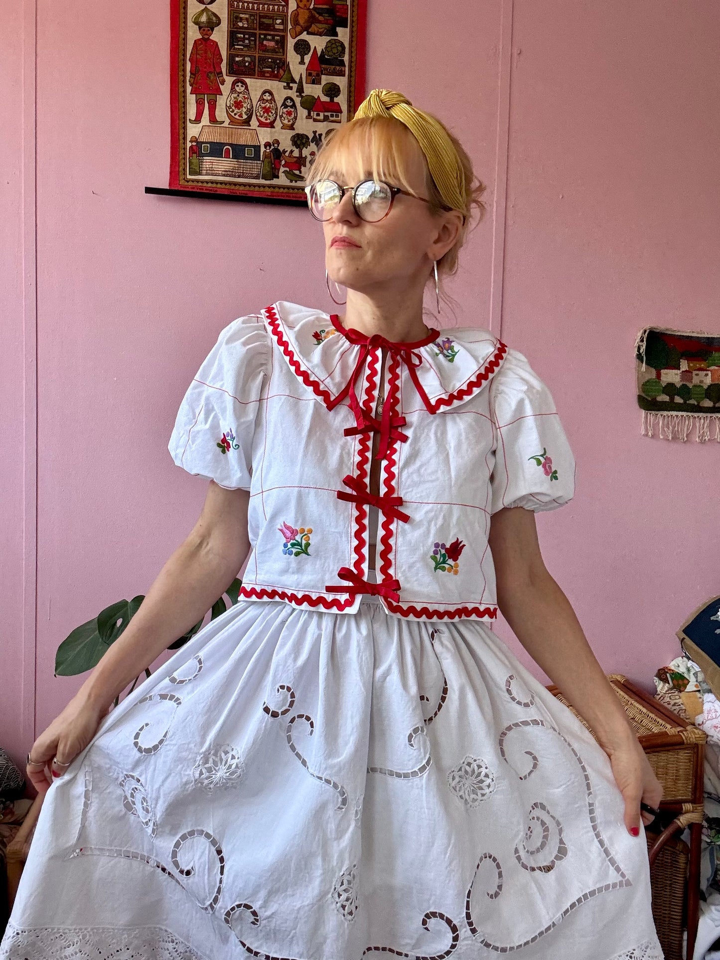 White skirt with cut out hand embroidery
