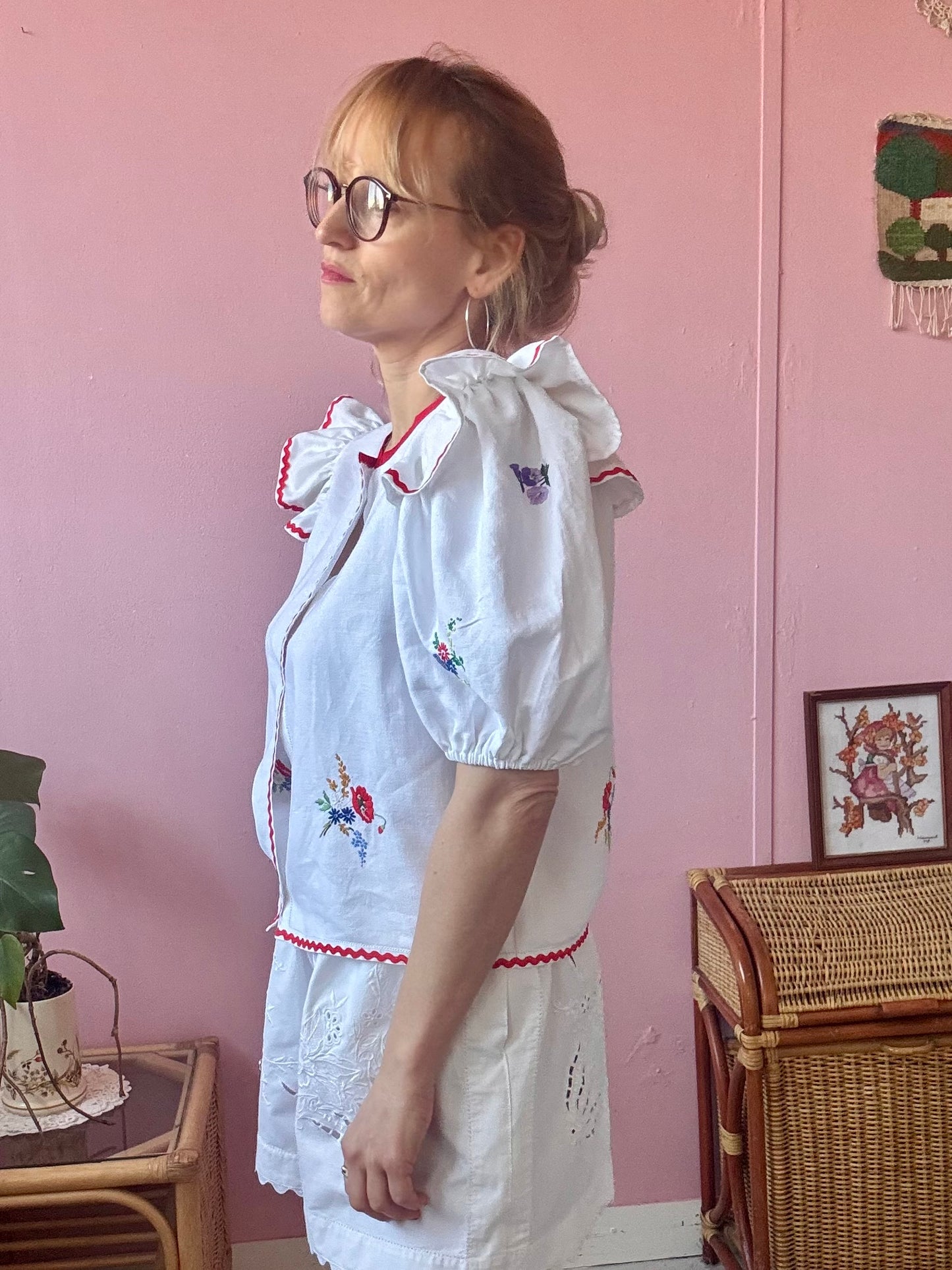 Linen blouse with red ric rac