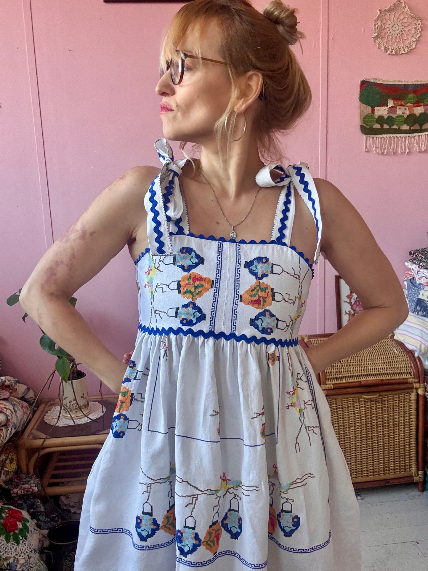 Linen mini dress with cross stitching