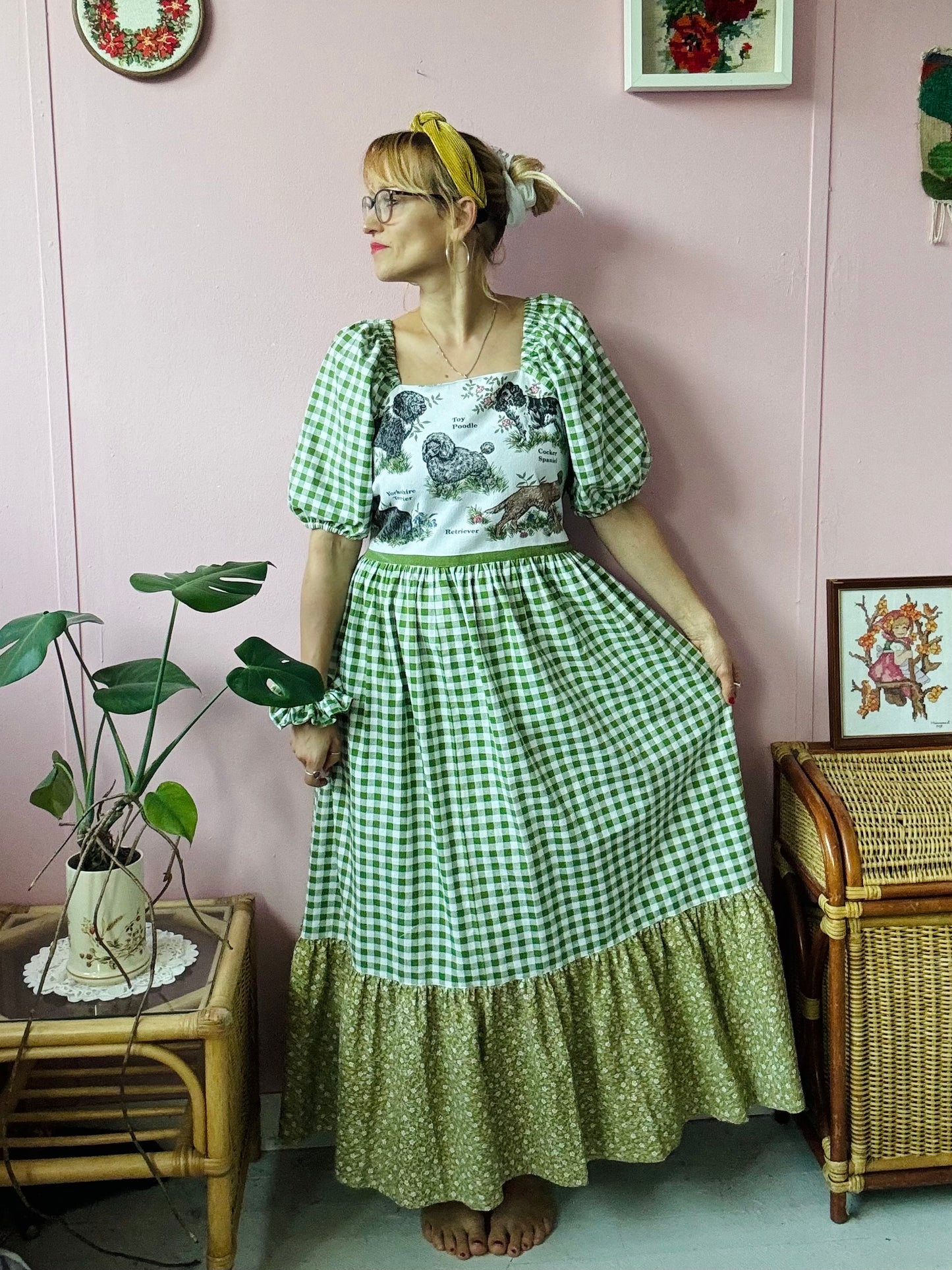 Teatowel with dogs and green gingham maxi dress
