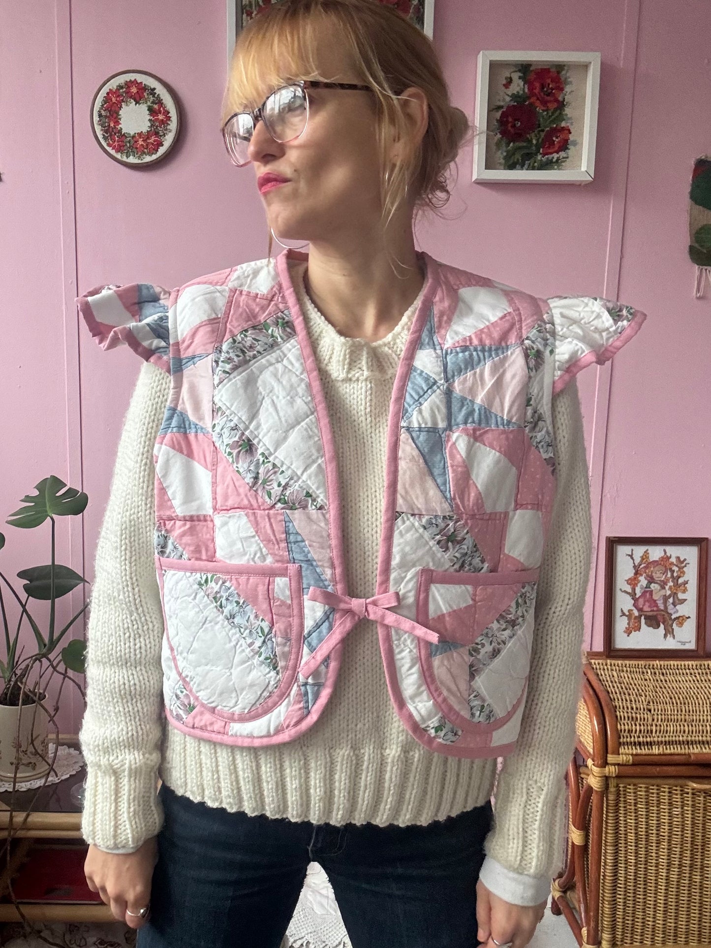 Pink/blue patchwork vest with sleeves
