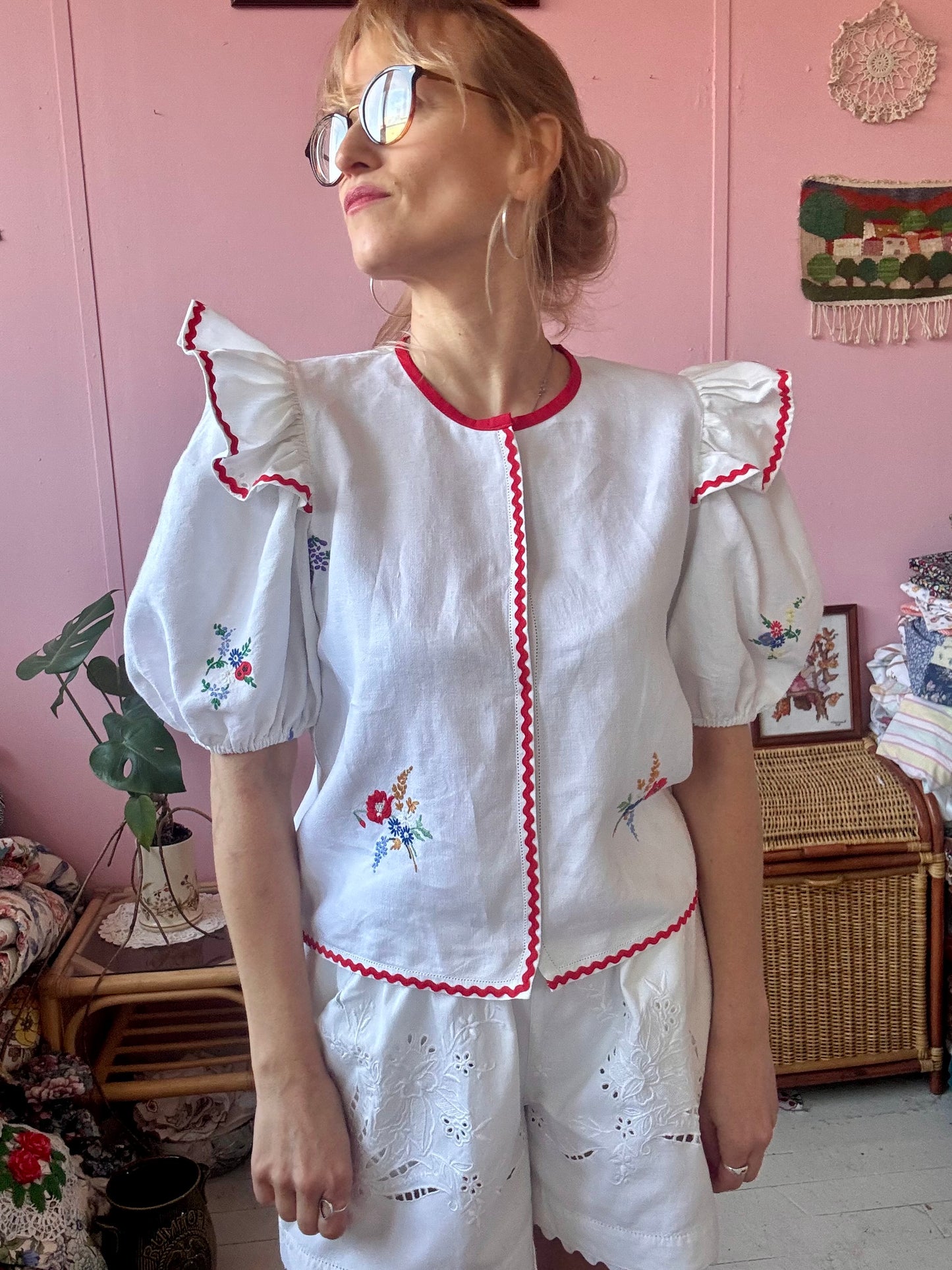 Linen blouse with red ric rac