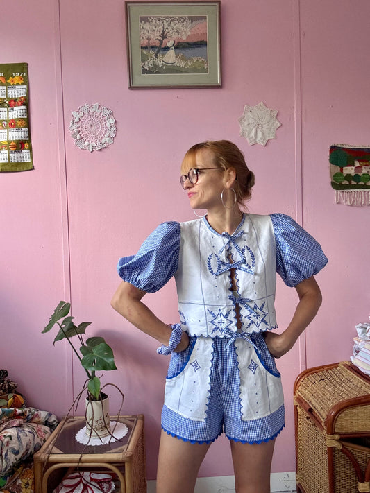 Embroidery and blue gingham shorts set