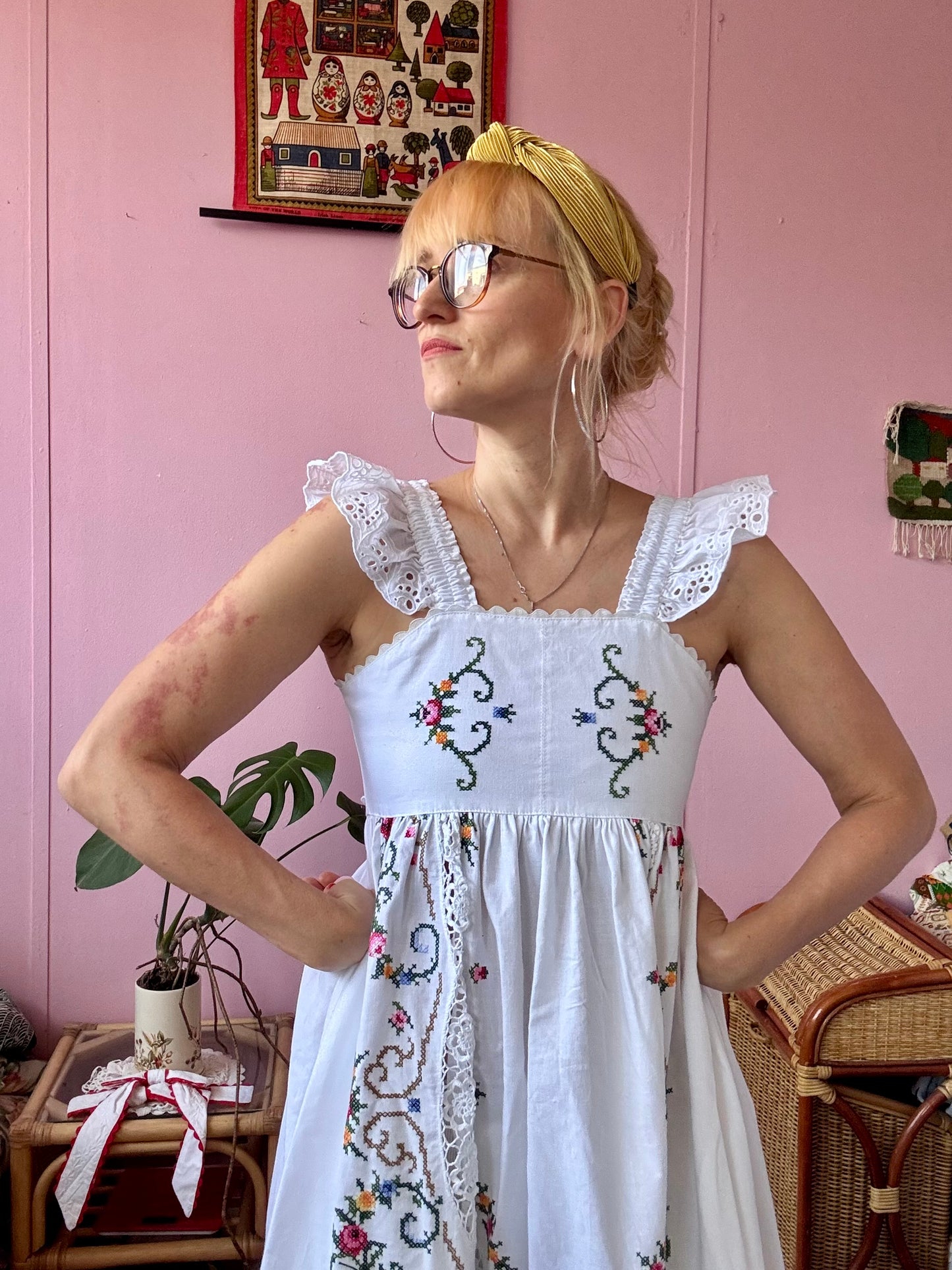 Maxi dress with hand embroidery and elasticated lace straps