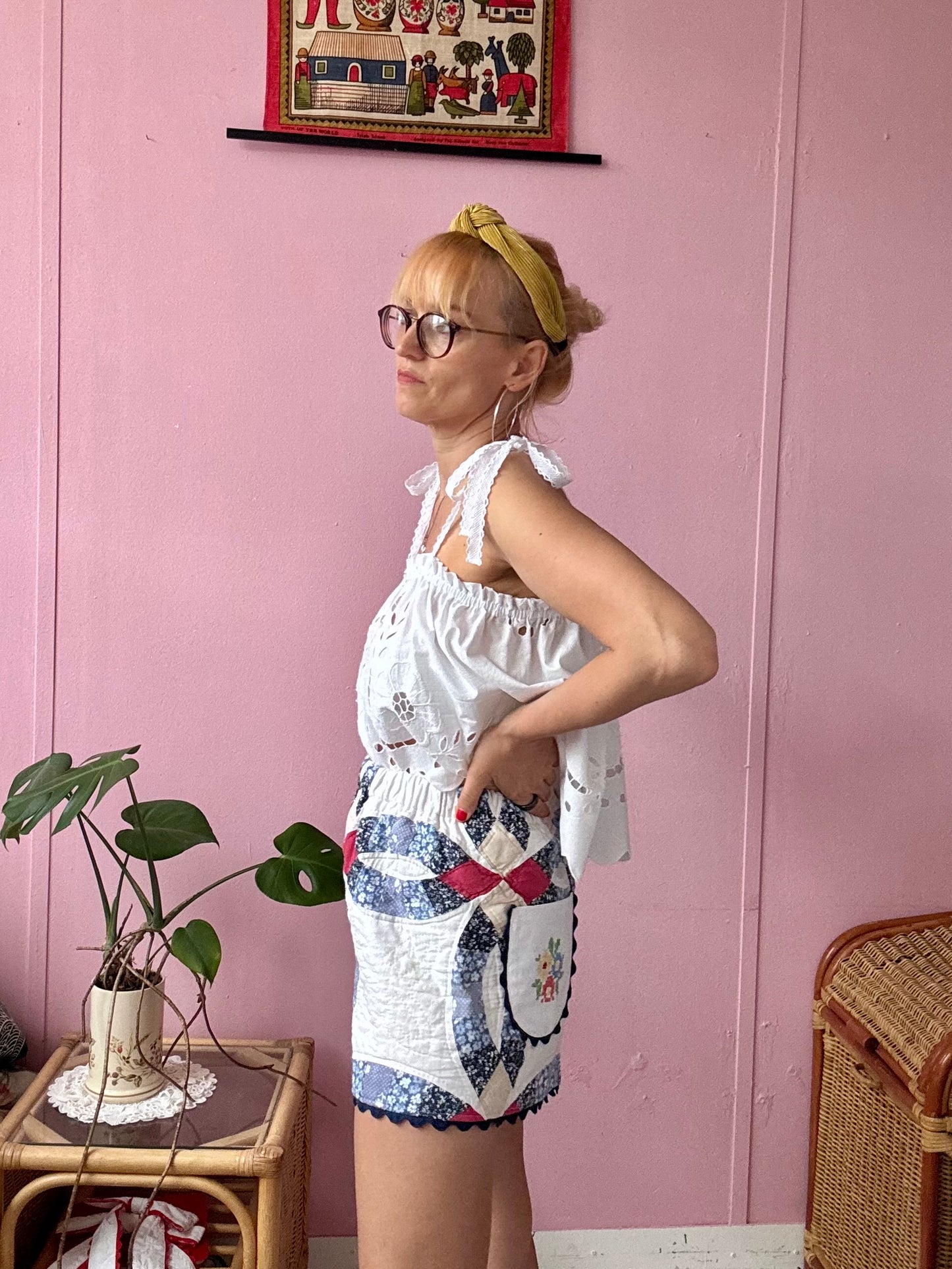 Patchwork shorts with back pockets