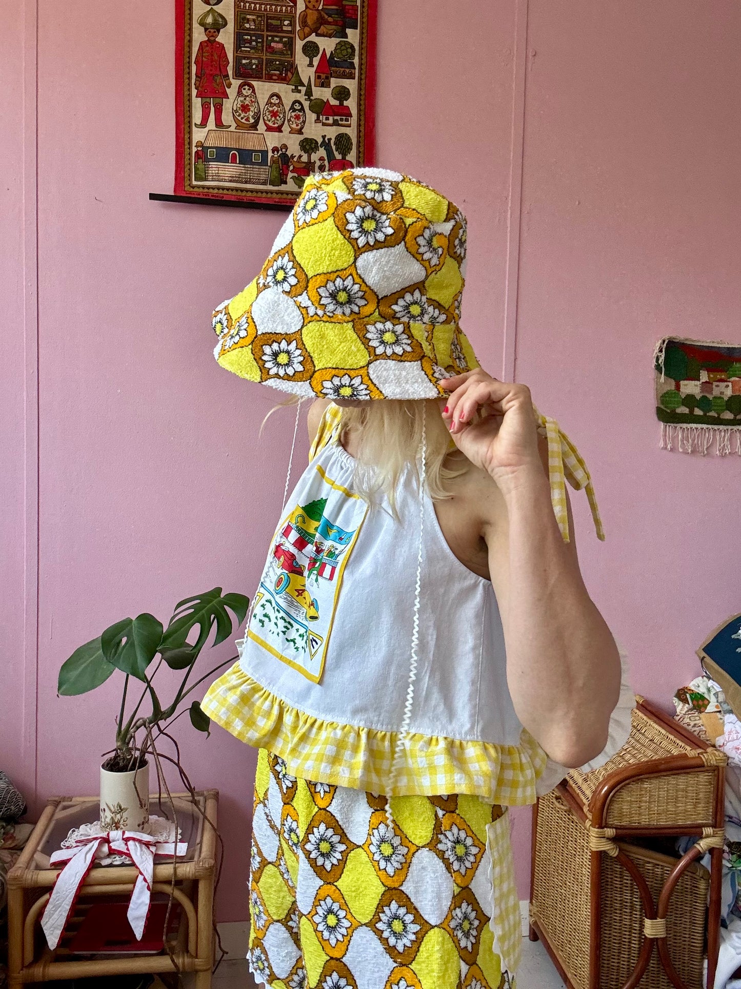 Yellow towel shorts set with bag and bucket hat