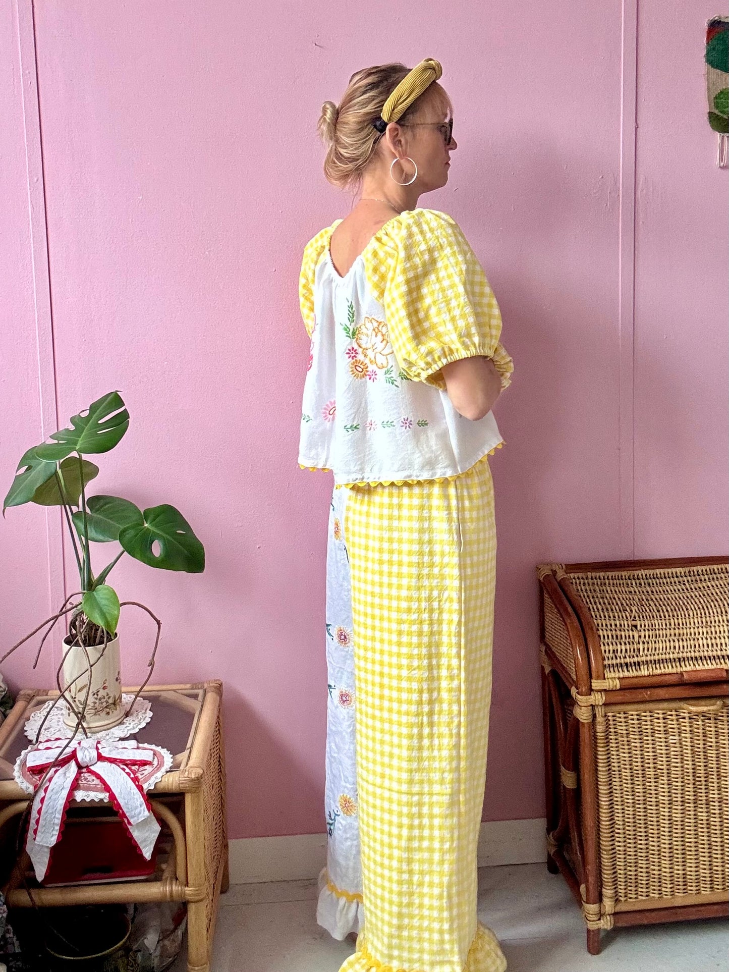 Yellow gingham and floral trousers