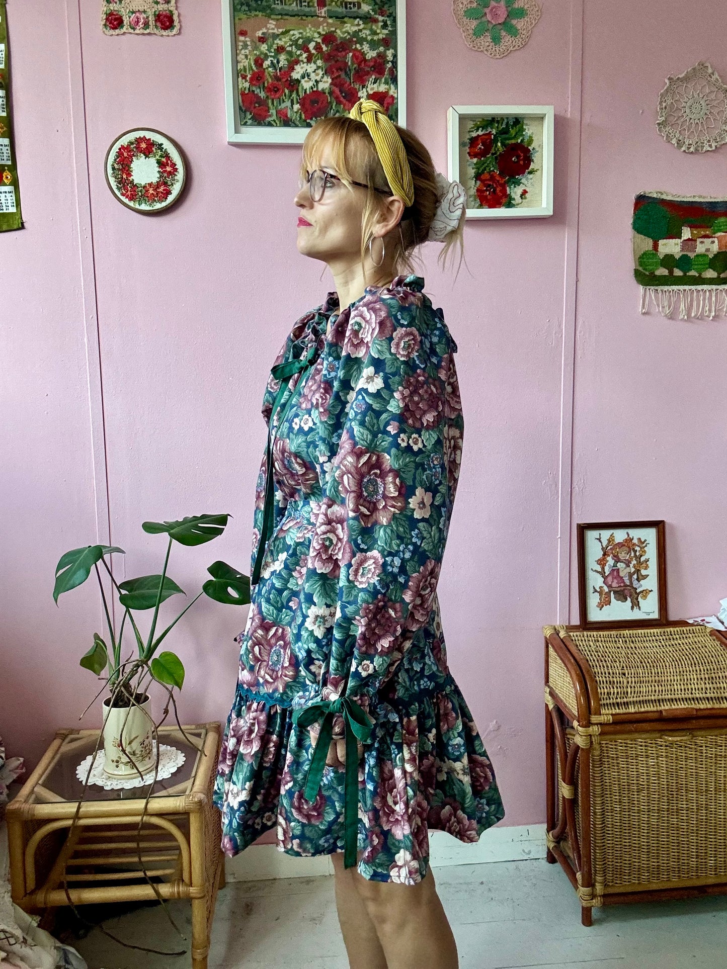 Navy floral dress with long sleeves