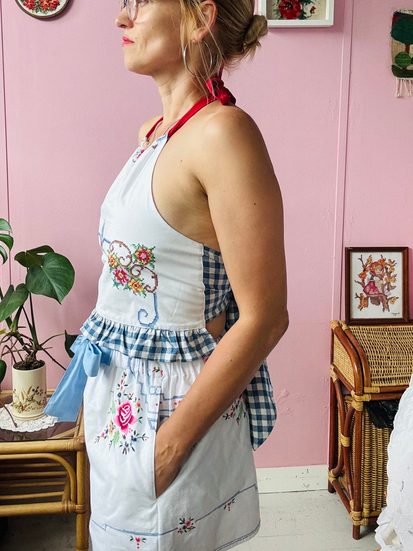 Cross stitch halter neck top with blue gingham back straps and frill