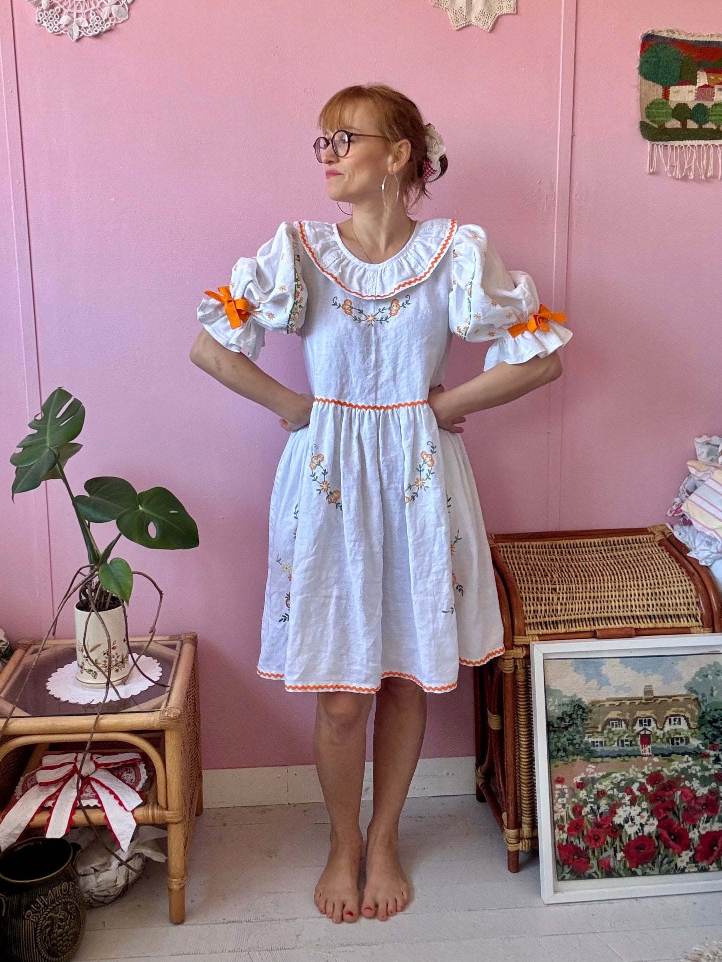 Linen dress with floral hand embroidery and ric rac