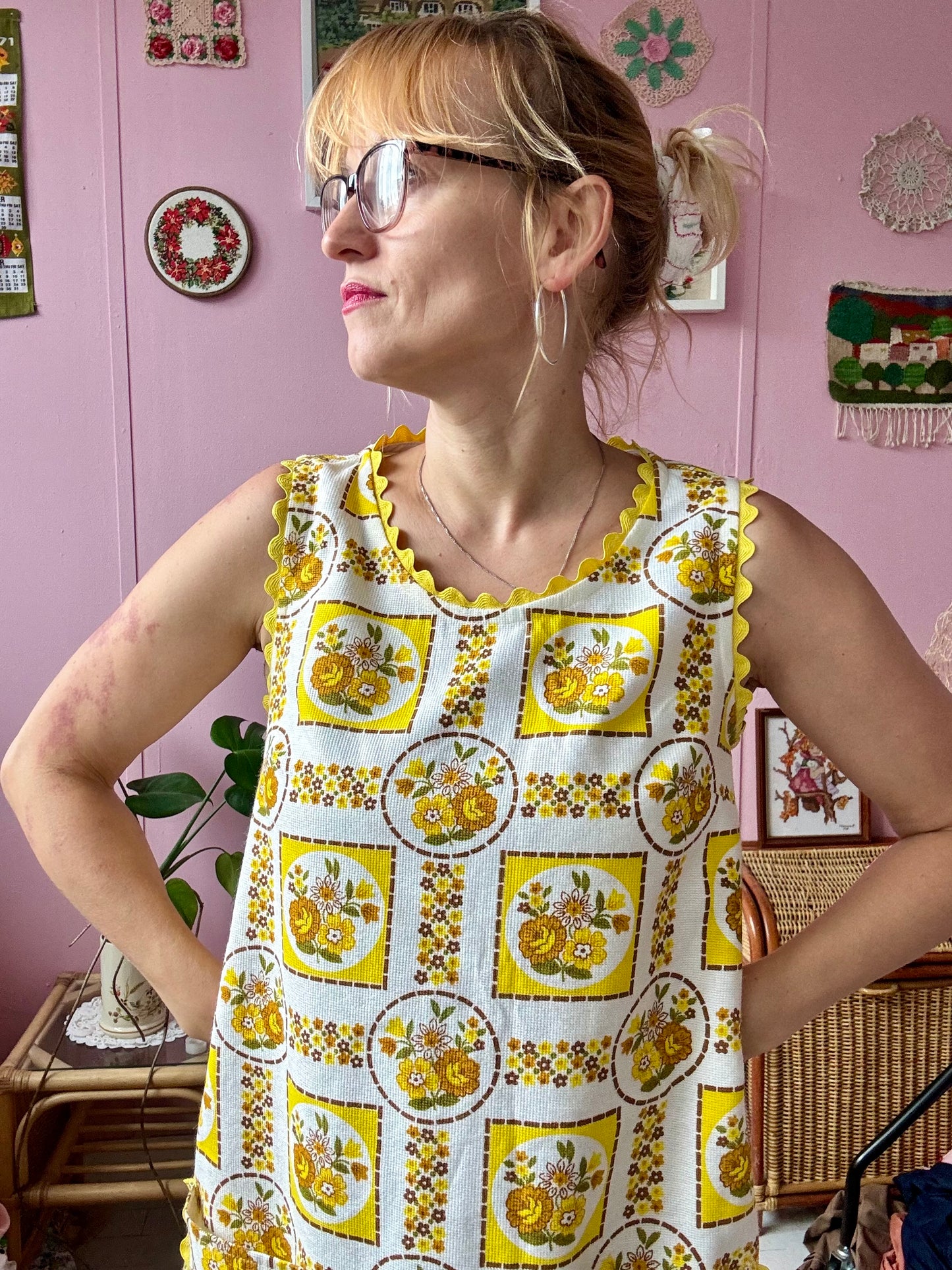Yellow and brown mini dress with ric rac