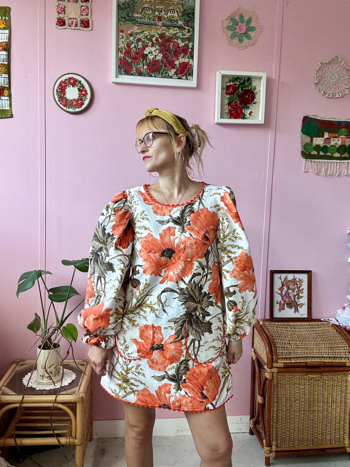 Orange poppies mini dress with long sleeves