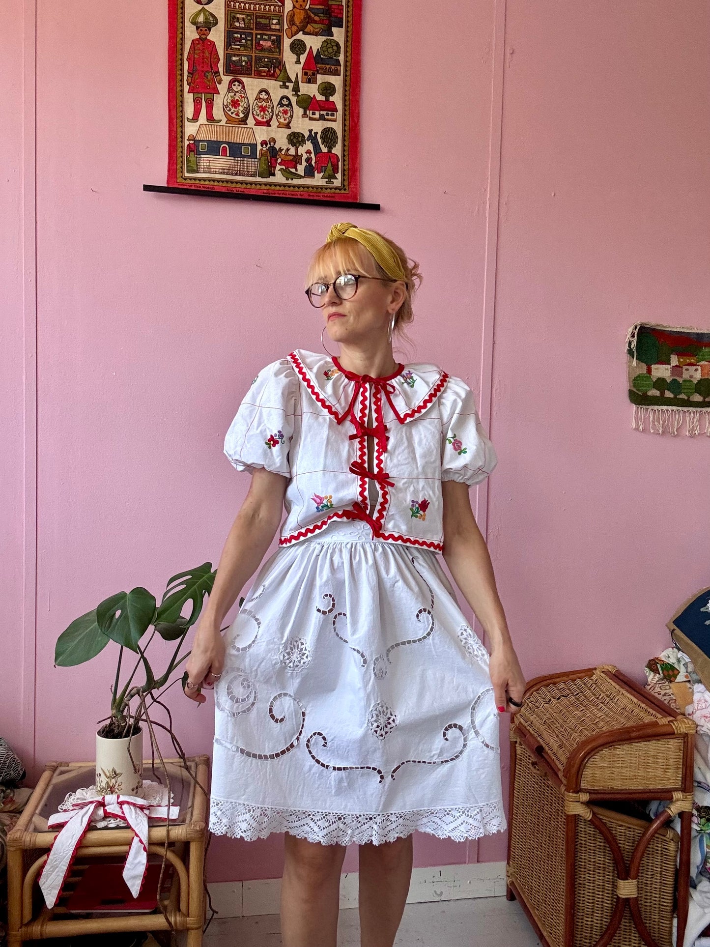 White skirt with cut out hand embroidery