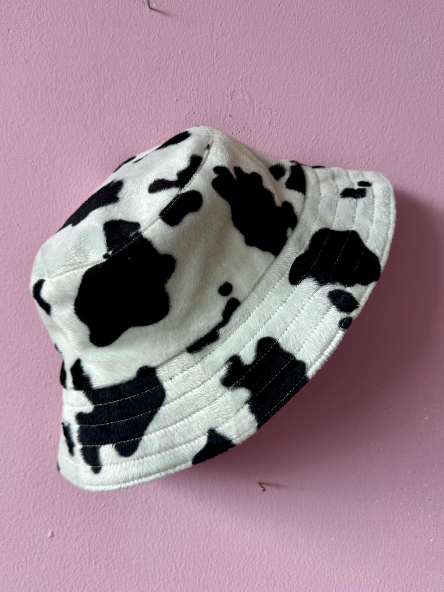 Reversible faux cow fur and denim with rainbow stitching bucket hat