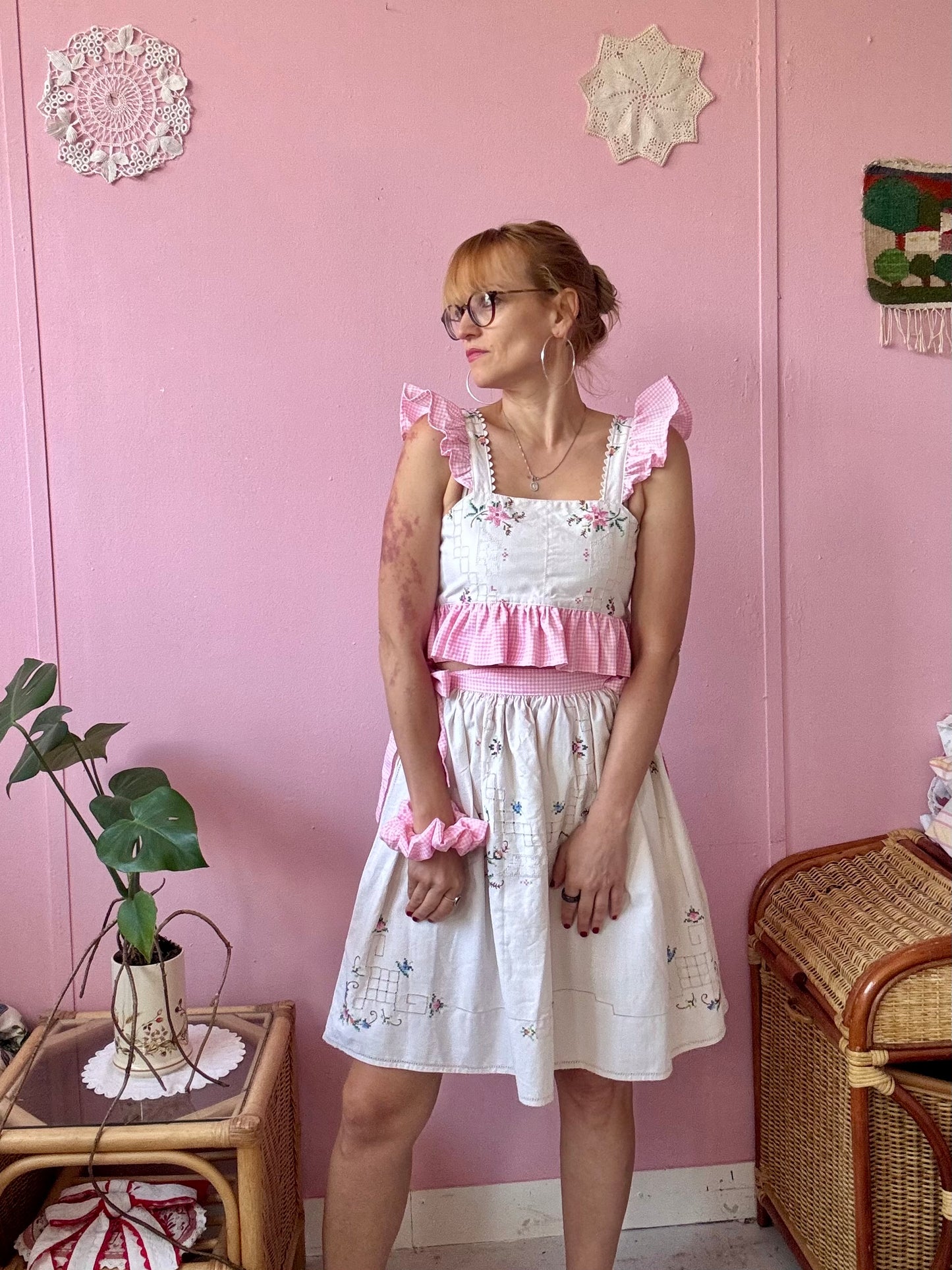 Embroidery and pink gingham set