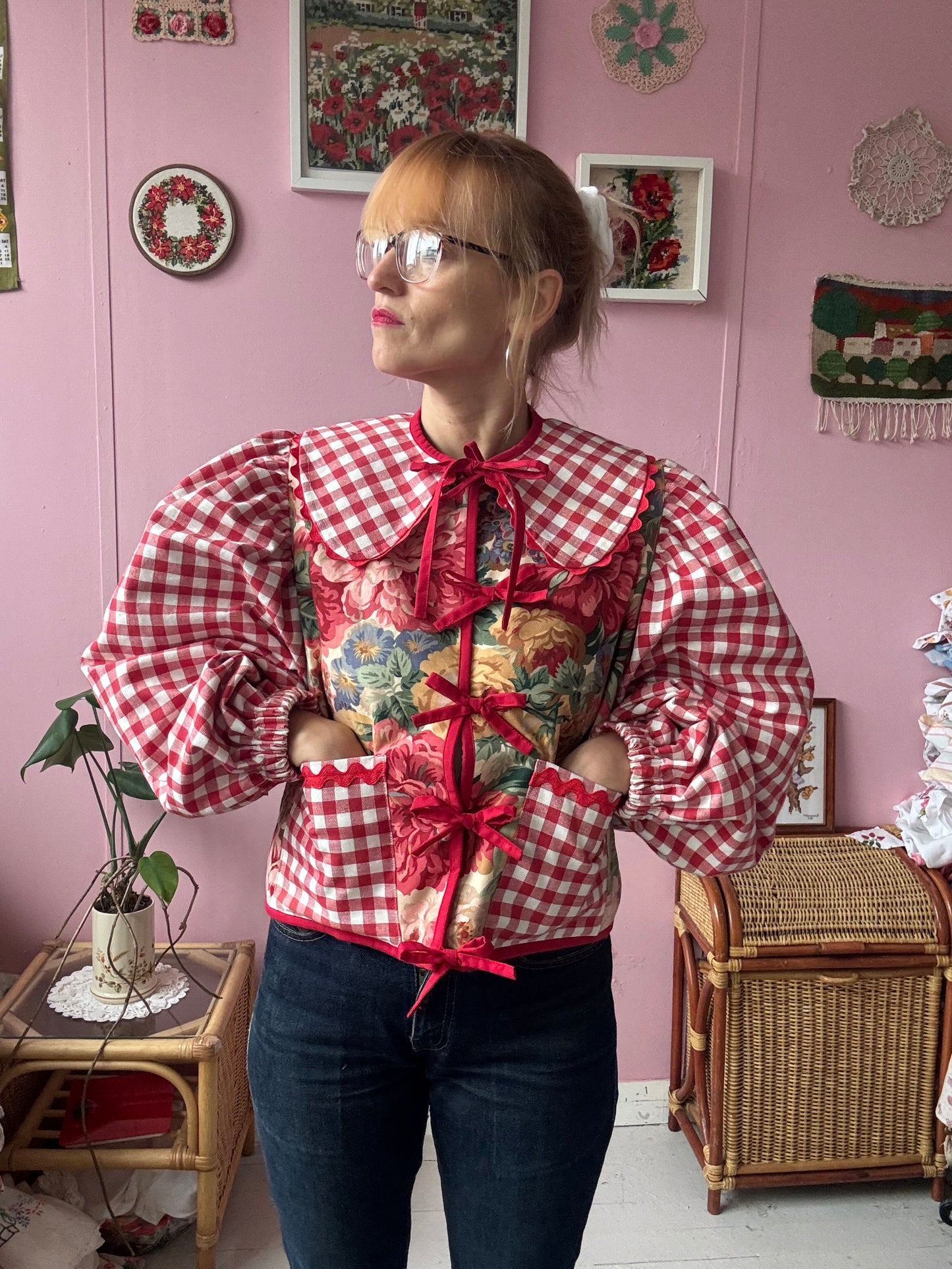 Floral and red gingham jacket