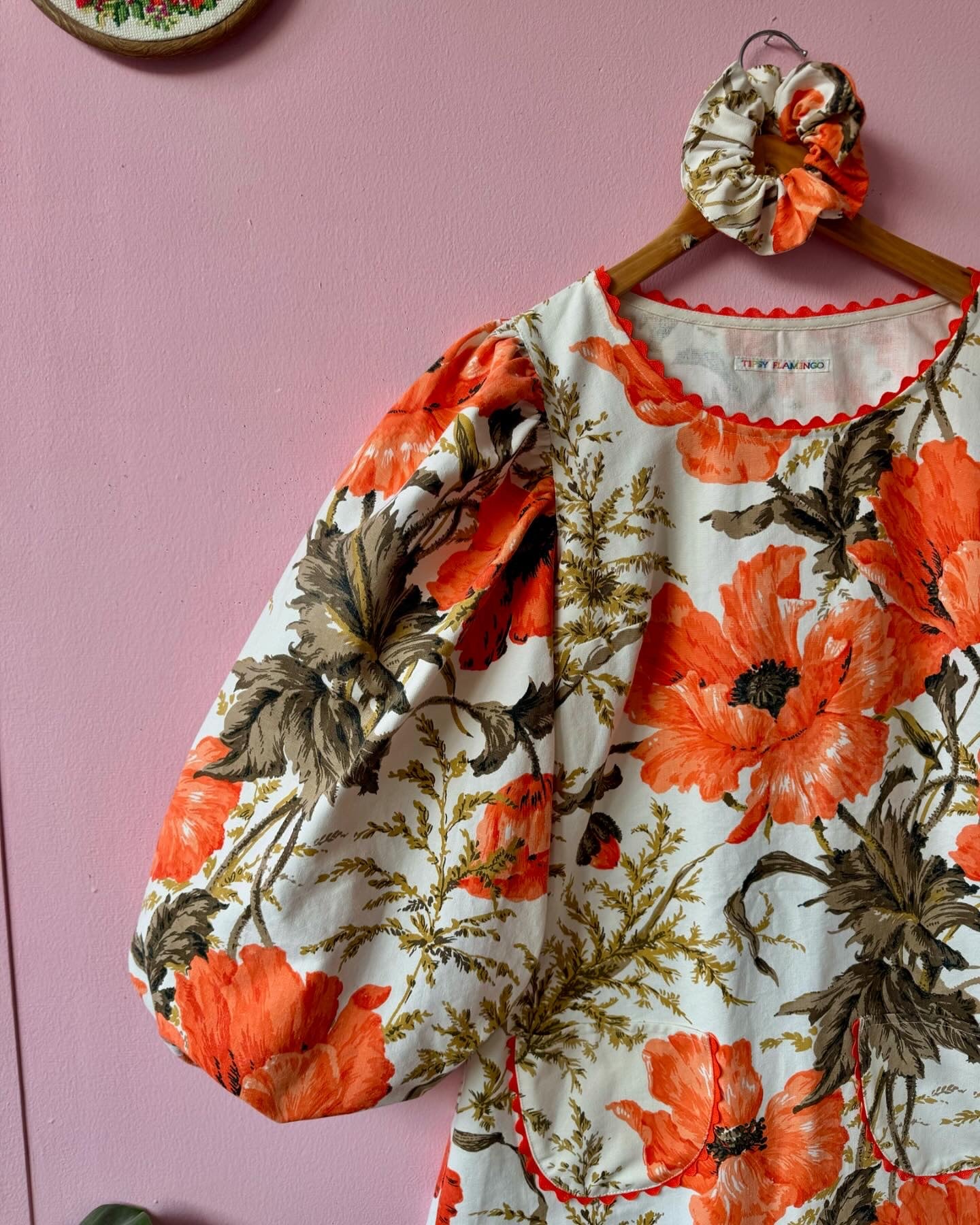 Orange poppies mini dress with long sleeves