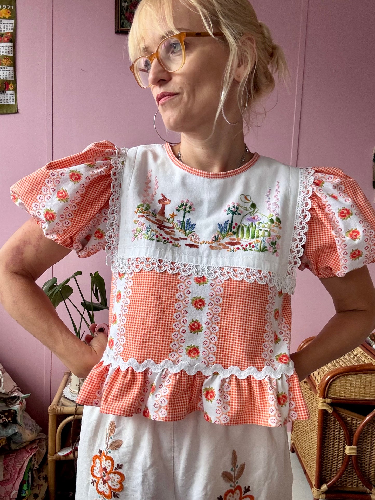 Orange gingham/floral blouse