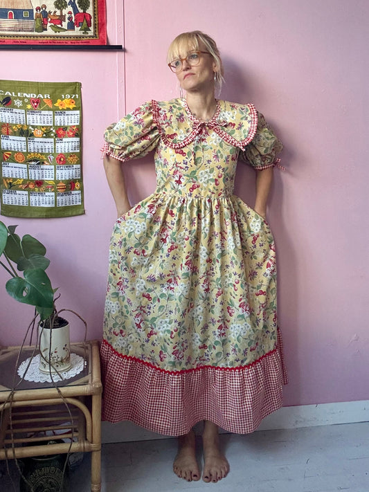 Yellow fruity and gingham dress