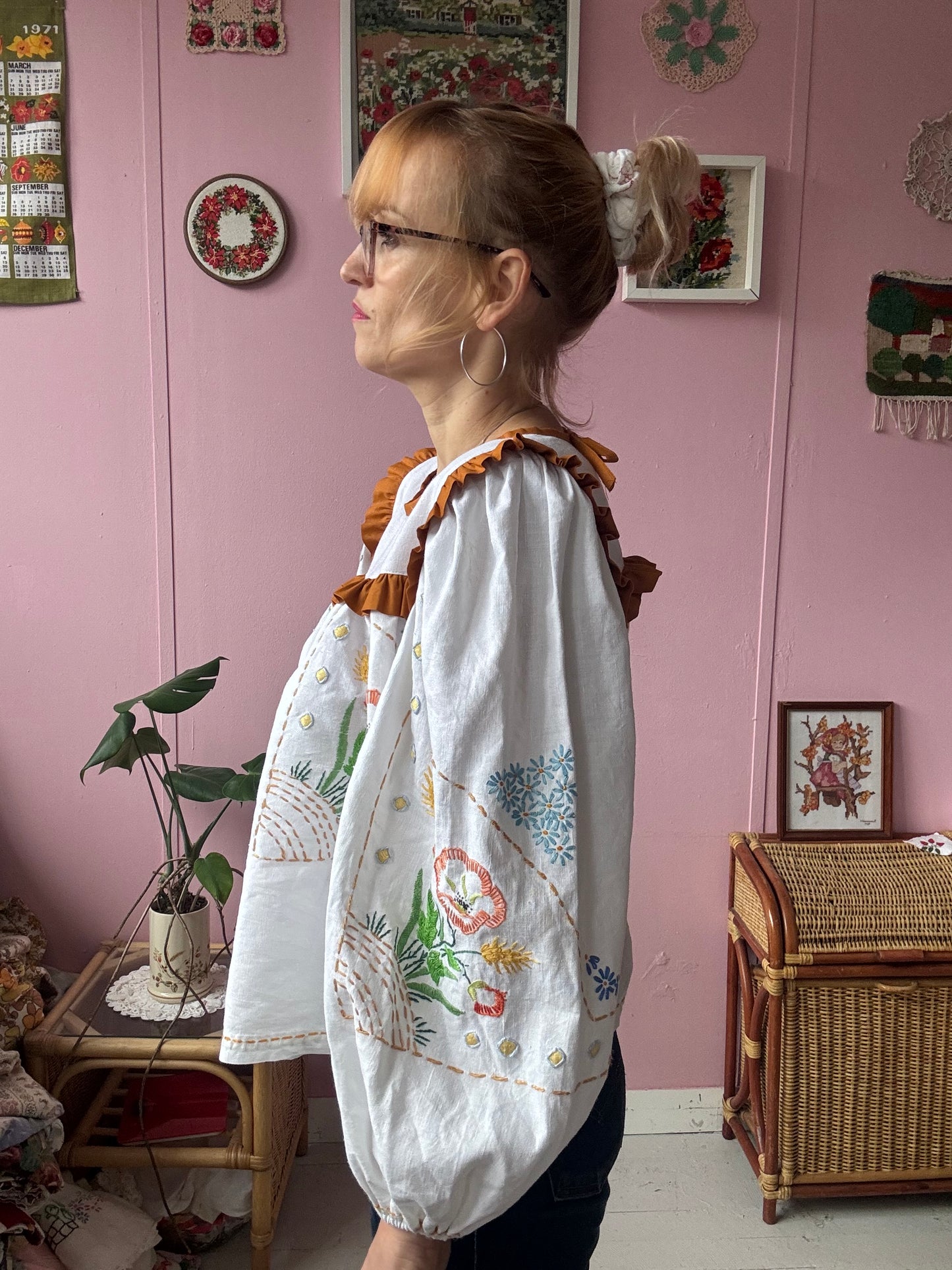 White linen blouse with hand embroidery