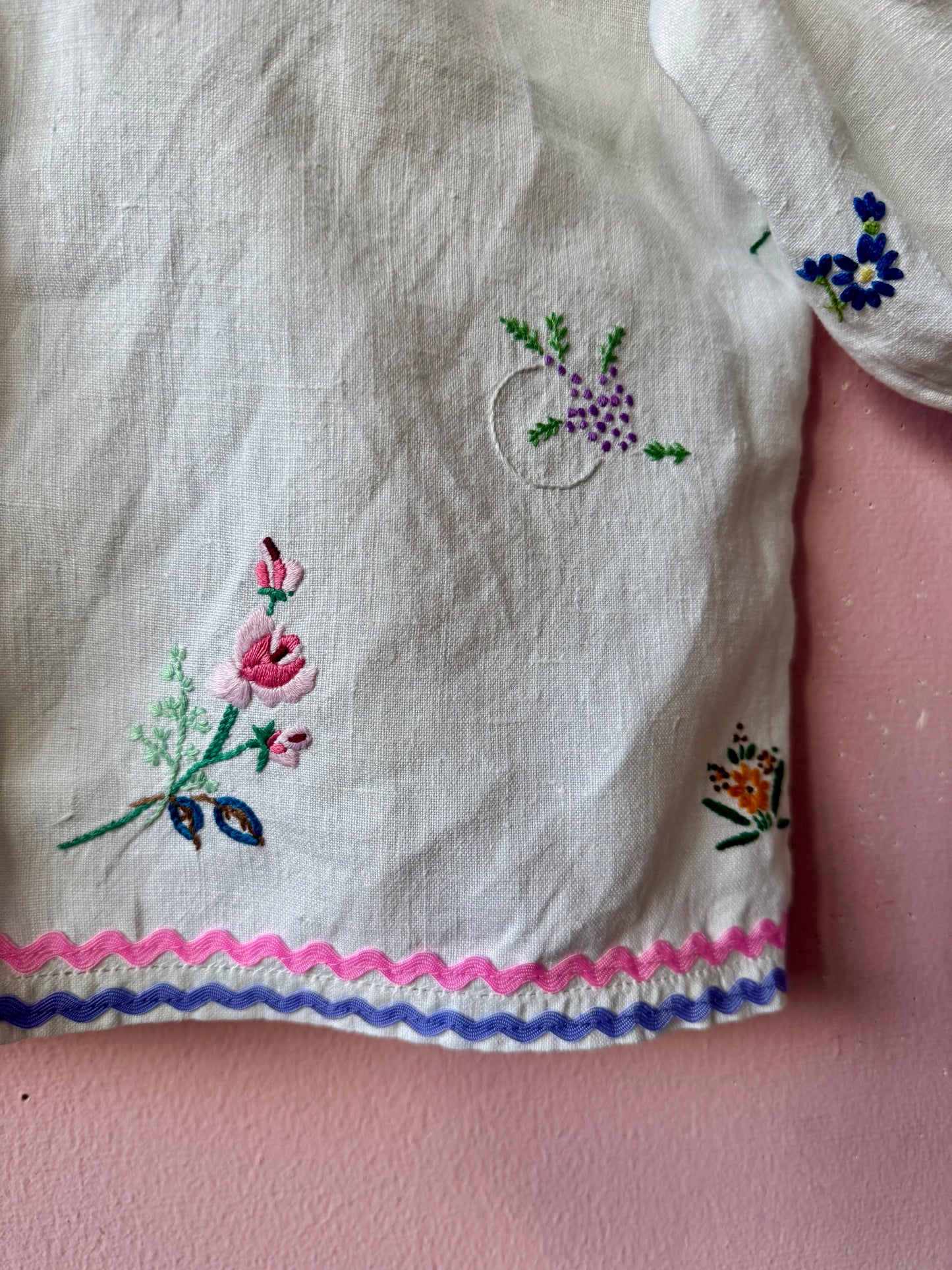 Linen blouse with pink and lilac ric rac