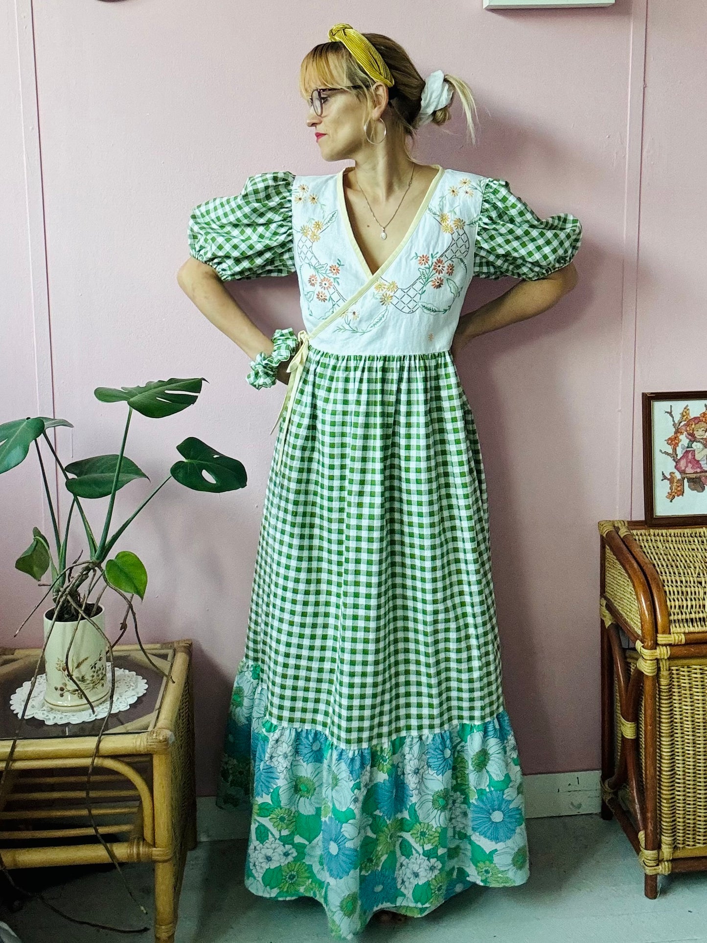 Wrap around dress with green gingham and embroidery
