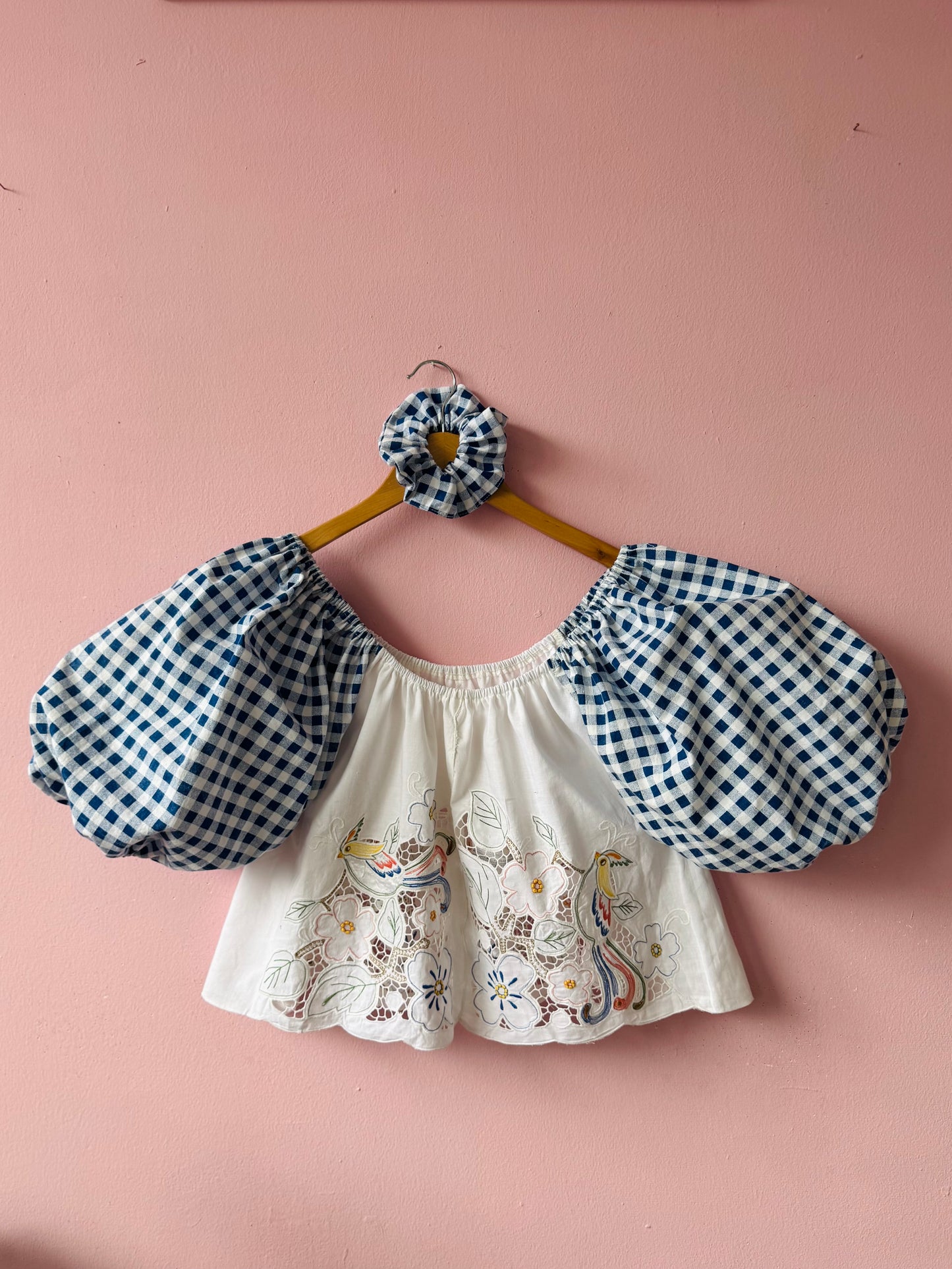 Blue gingham and birds/flowers top