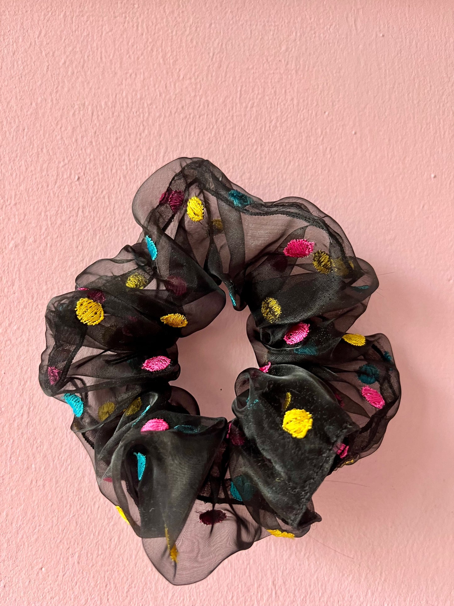 Black chiffon scrunchie with embroidery dots