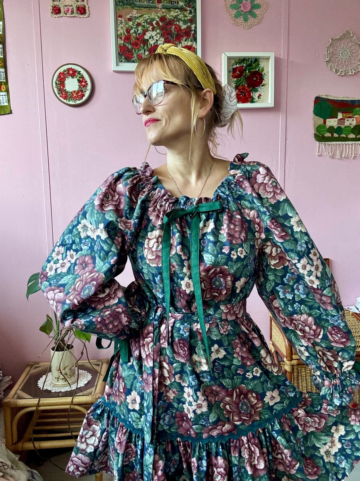 Navy floral dress with long sleeves