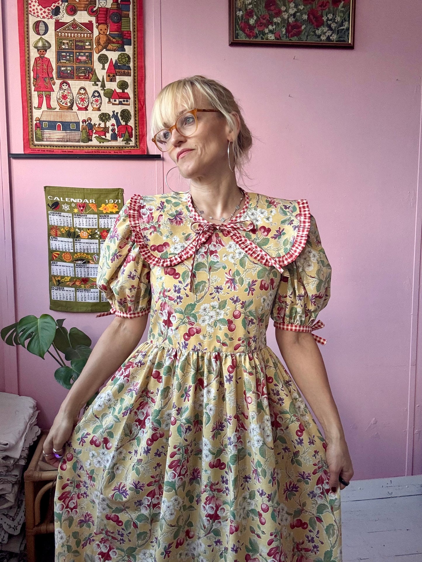 Yellow fruity and gingham dress