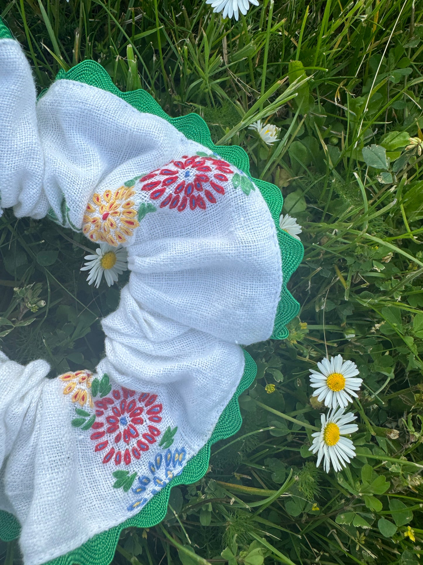 Floral embroidery scrunchie with green ric rac