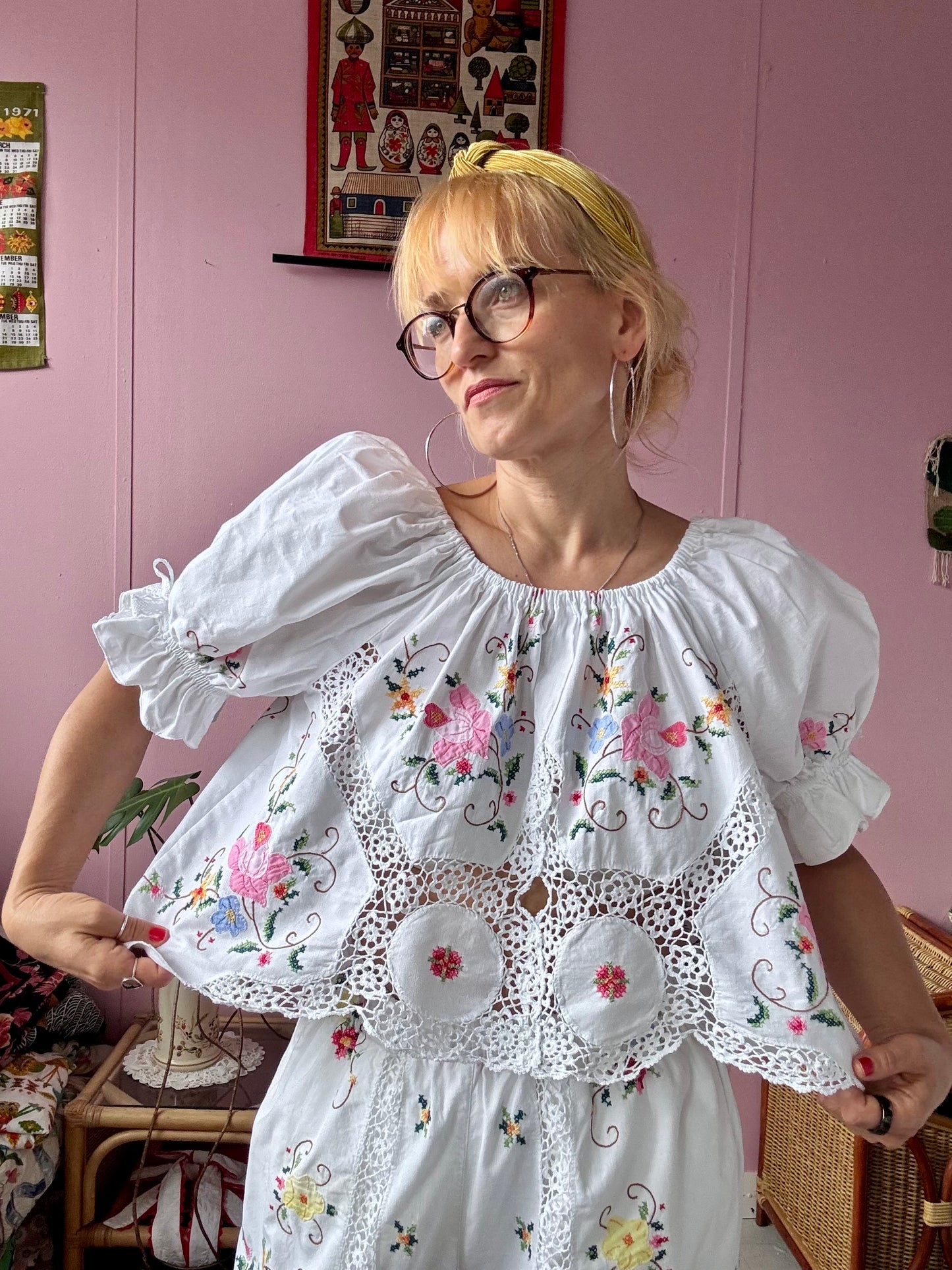 Trousers floral and lace twin set