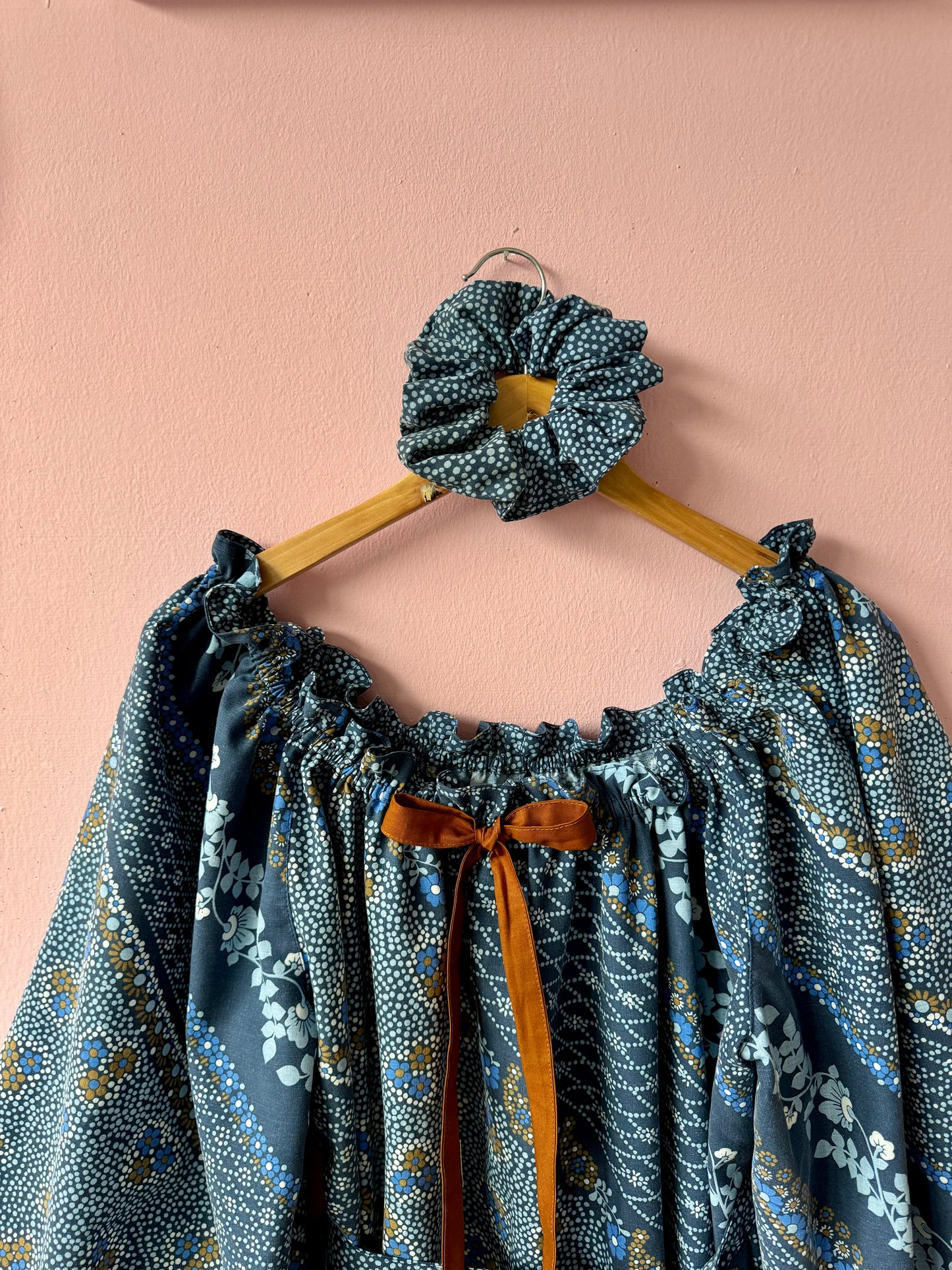Blue and brown dress with long sleeves