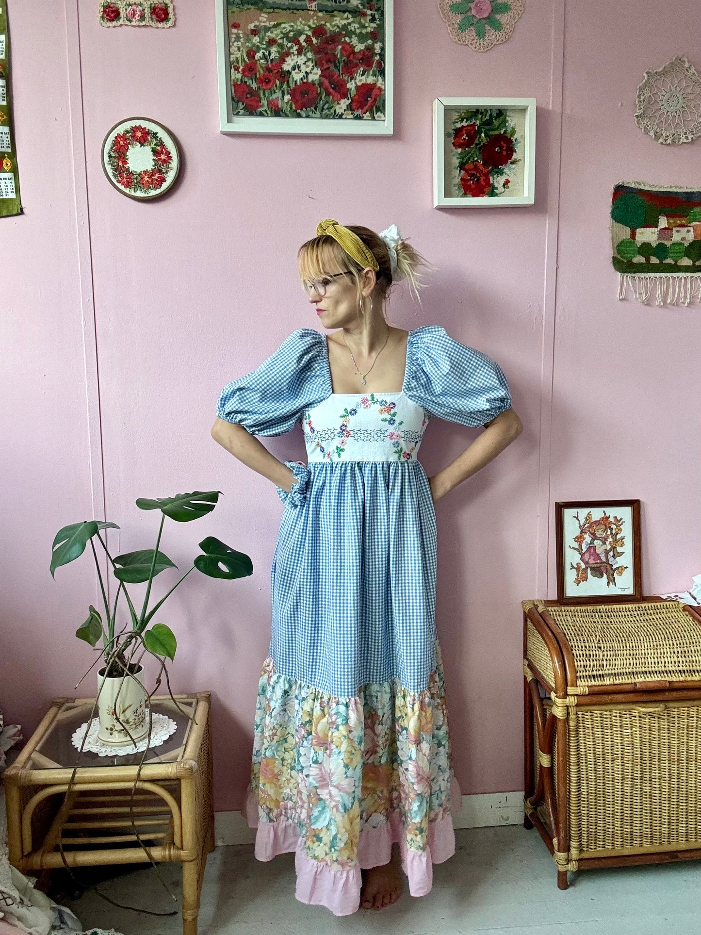 Blue gingham and floral embroidery dress