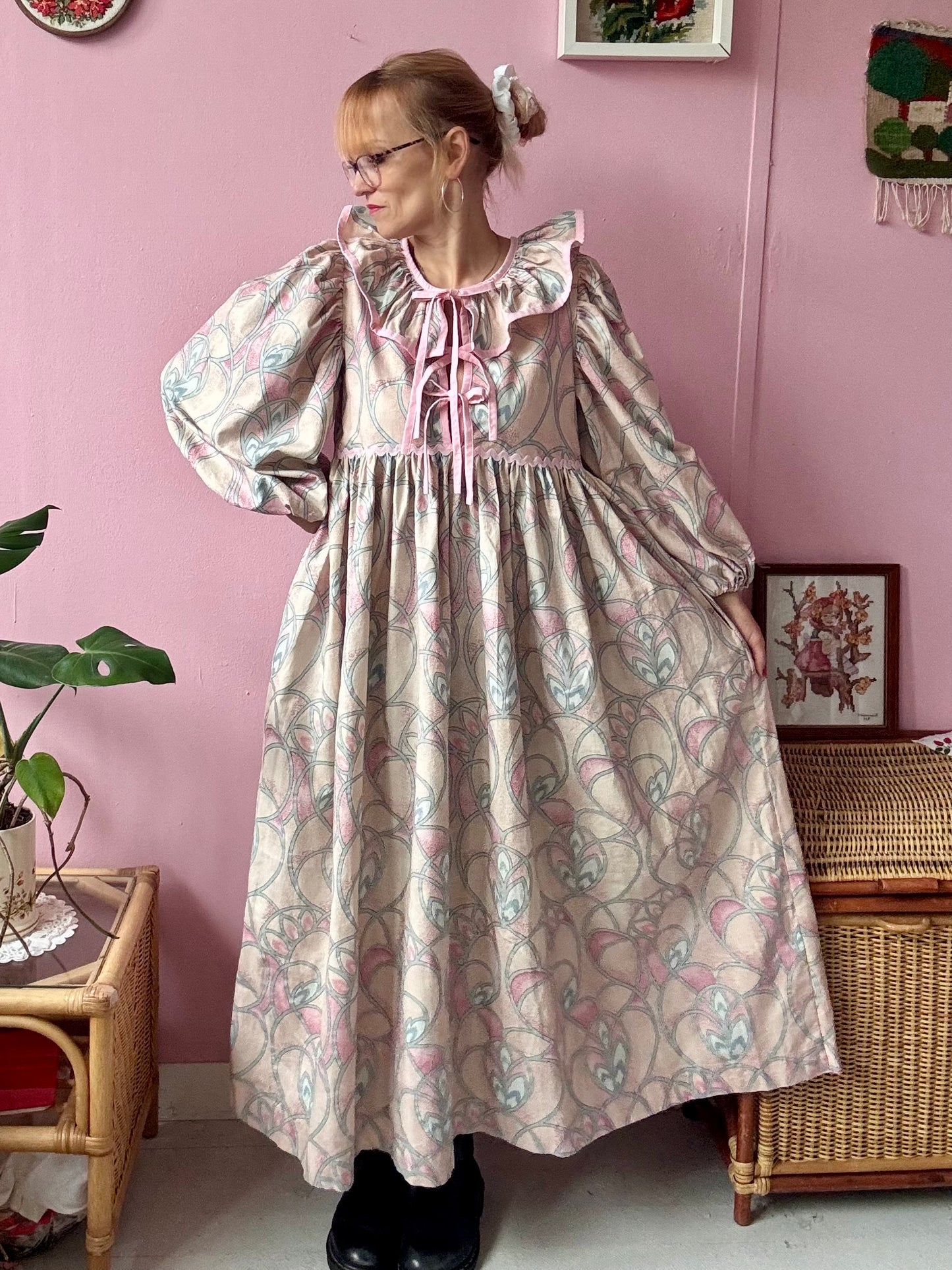 Peach/pink and silver maxi dress with long sleeves