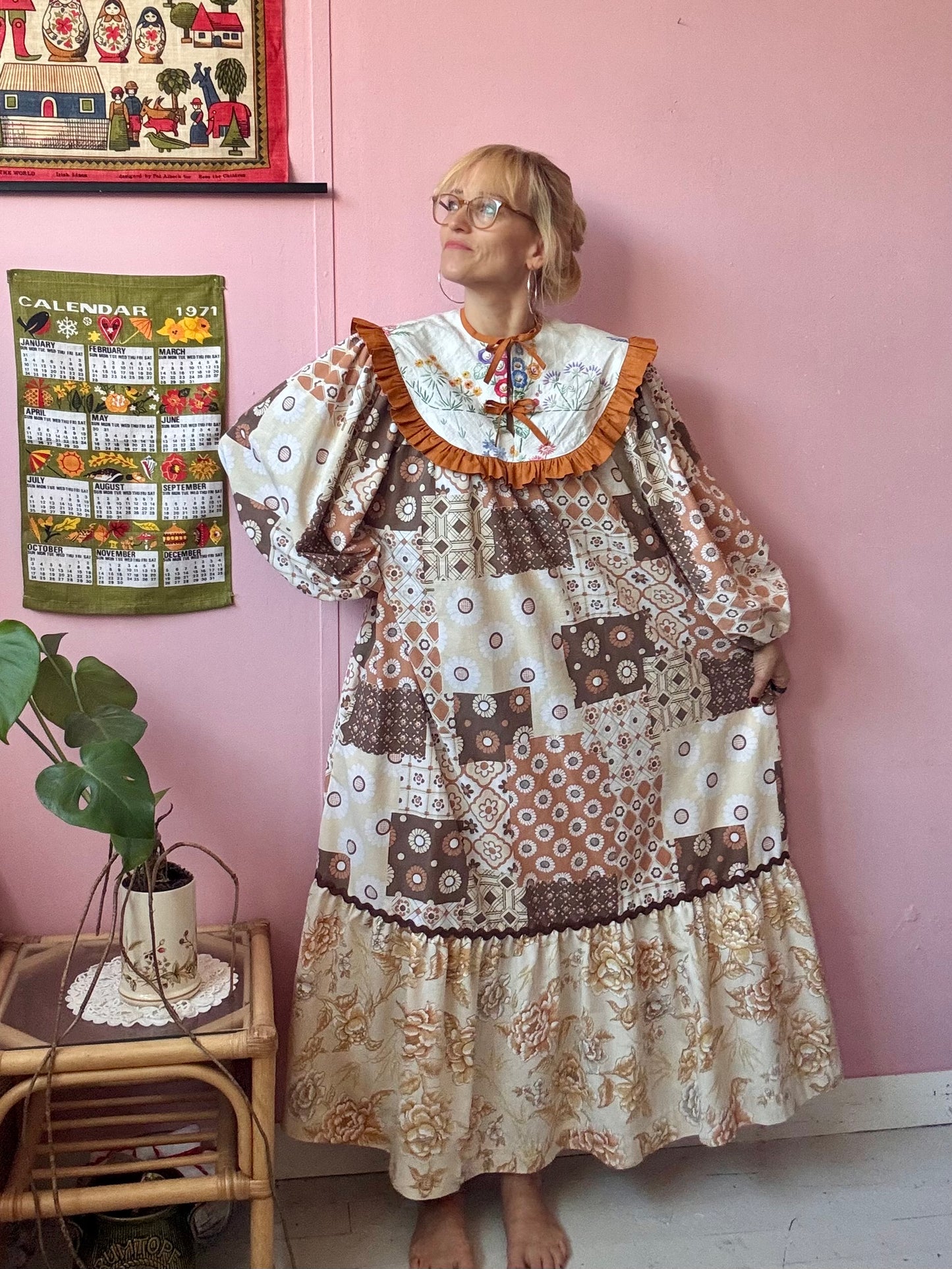 Brown maxi dress with embroidery yoke
