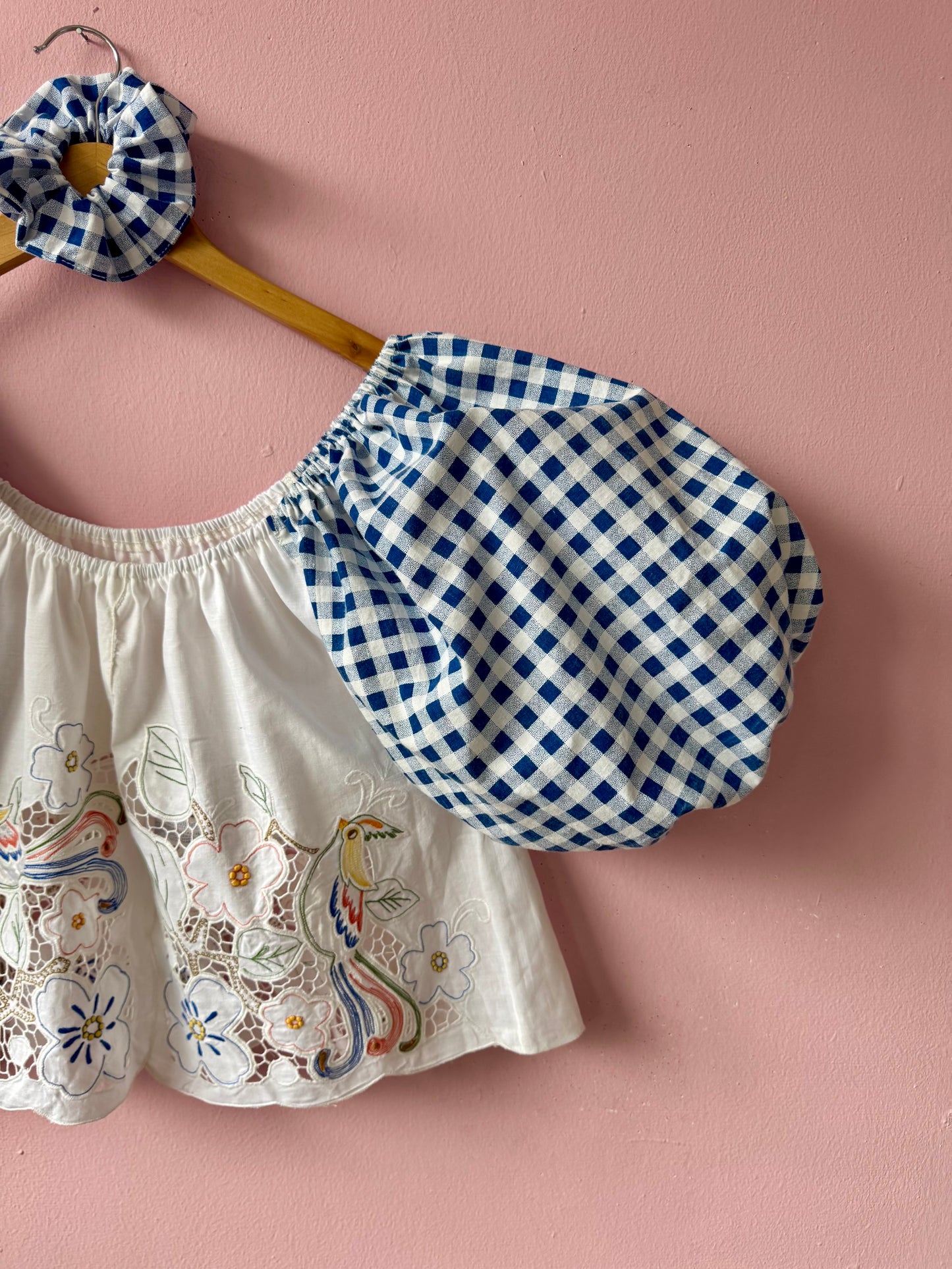 Blue gingham and birds/flowers top