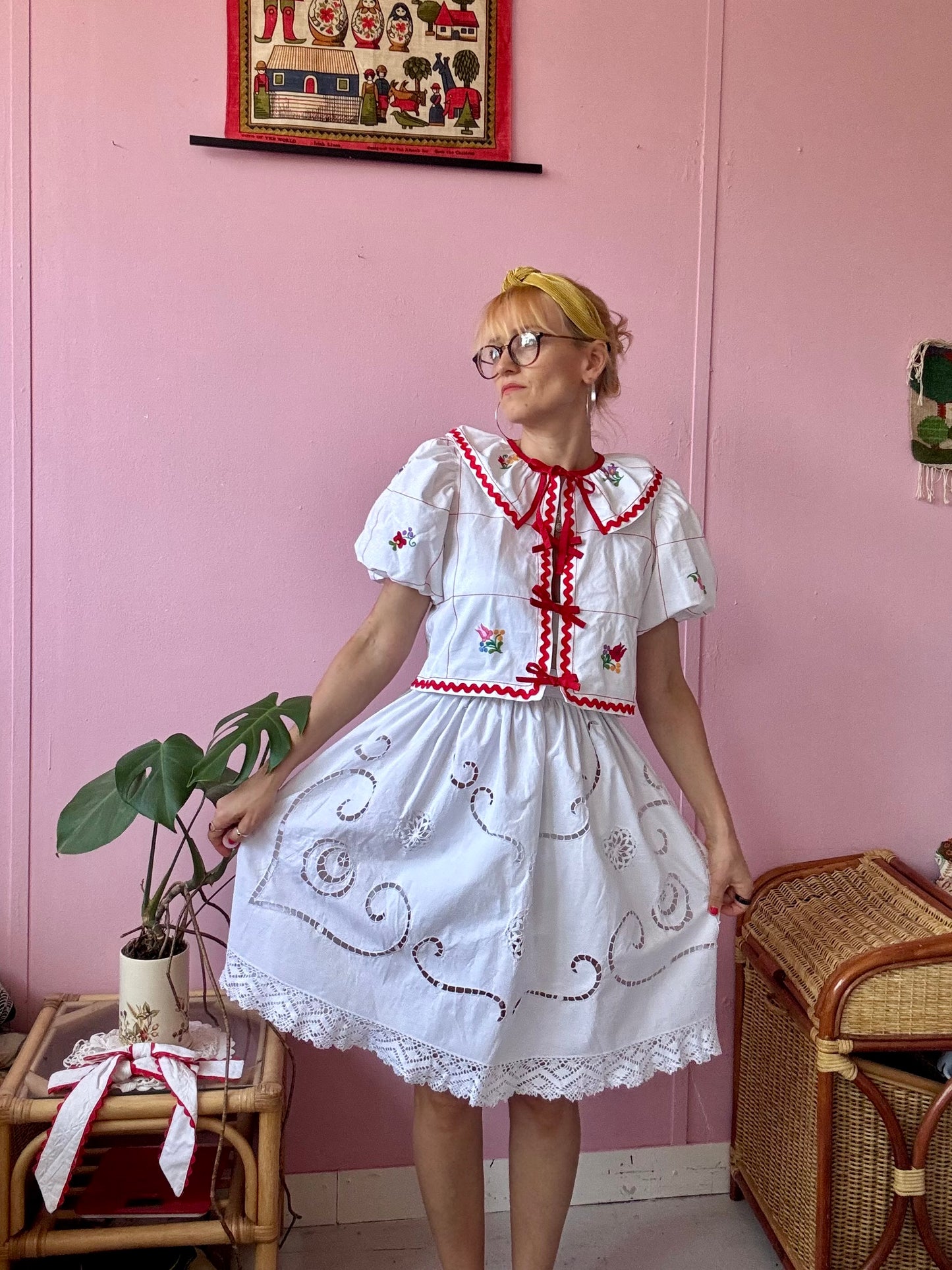 White skirt with cut out hand embroidery