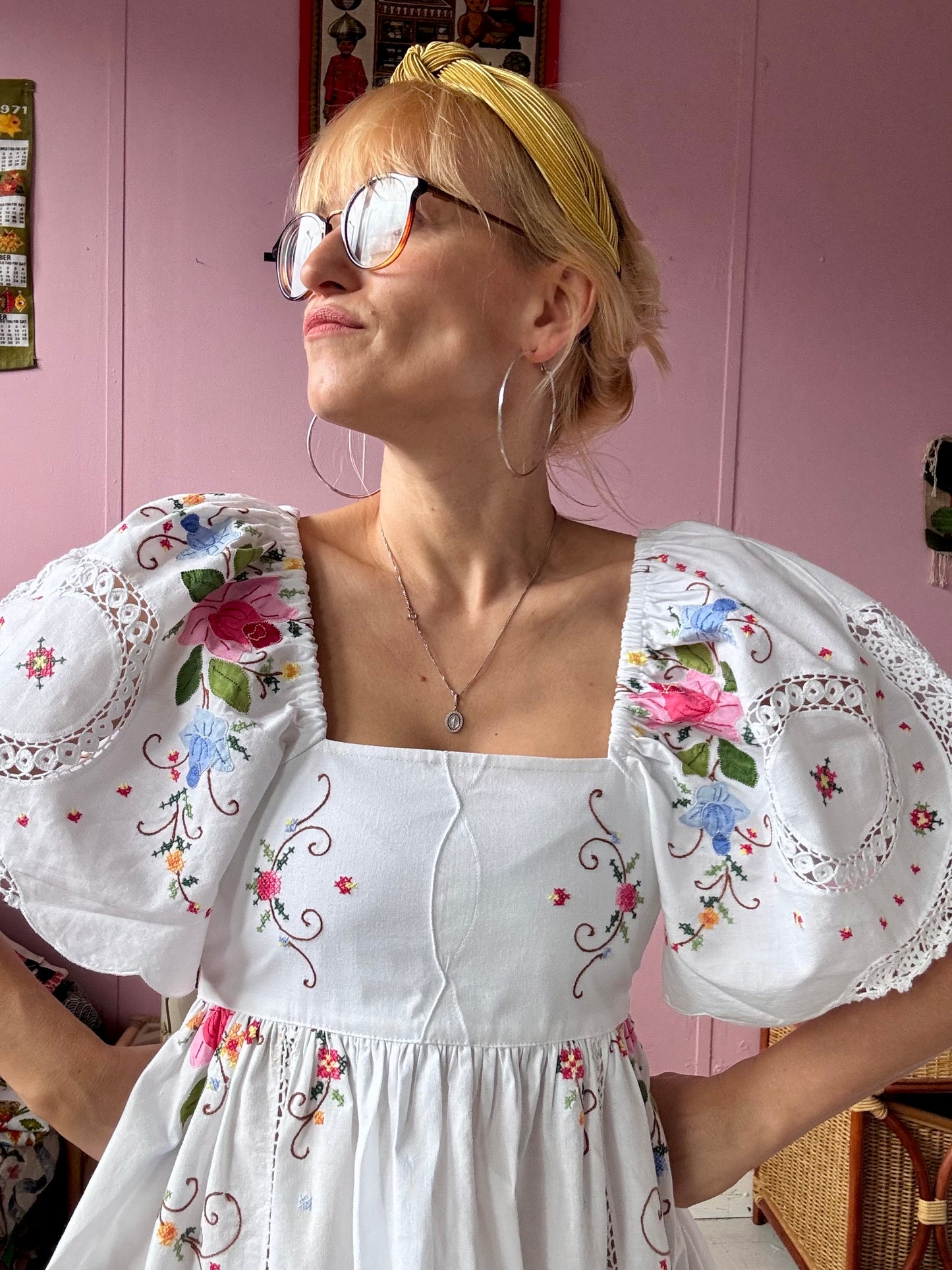 White maxi dress with appliqué,embroidery and lace panels