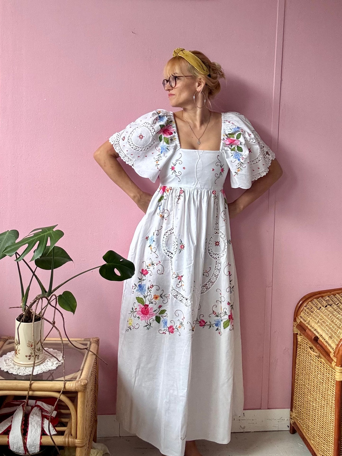 White maxi dress with appliqué,embroidery and lace panels