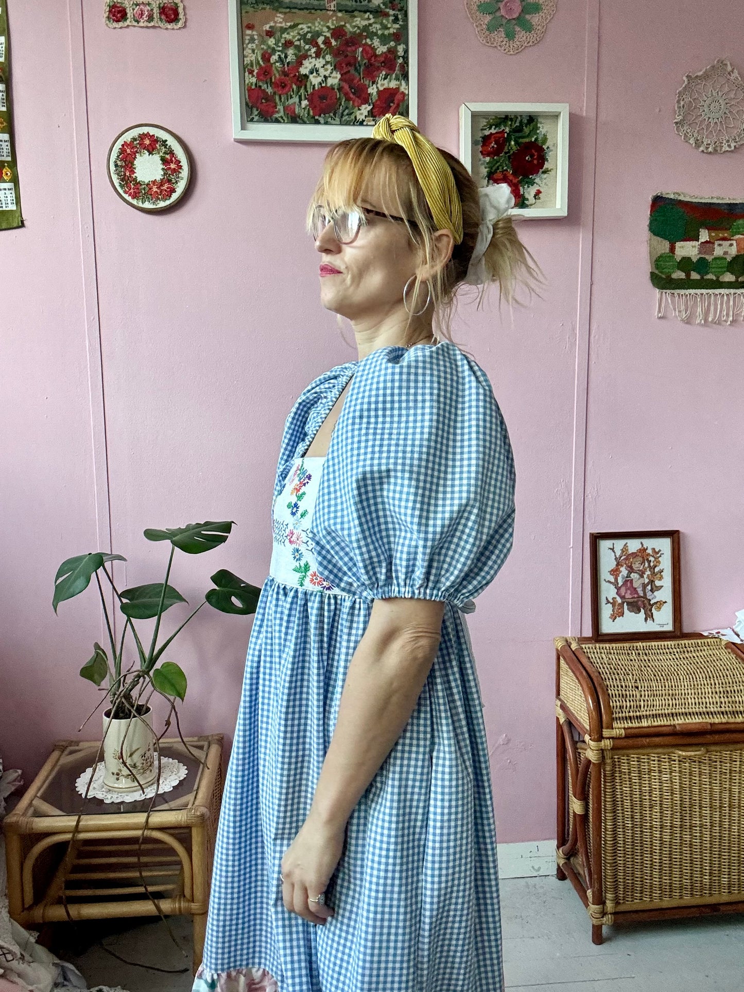 Blue gingham and floral embroidery dress