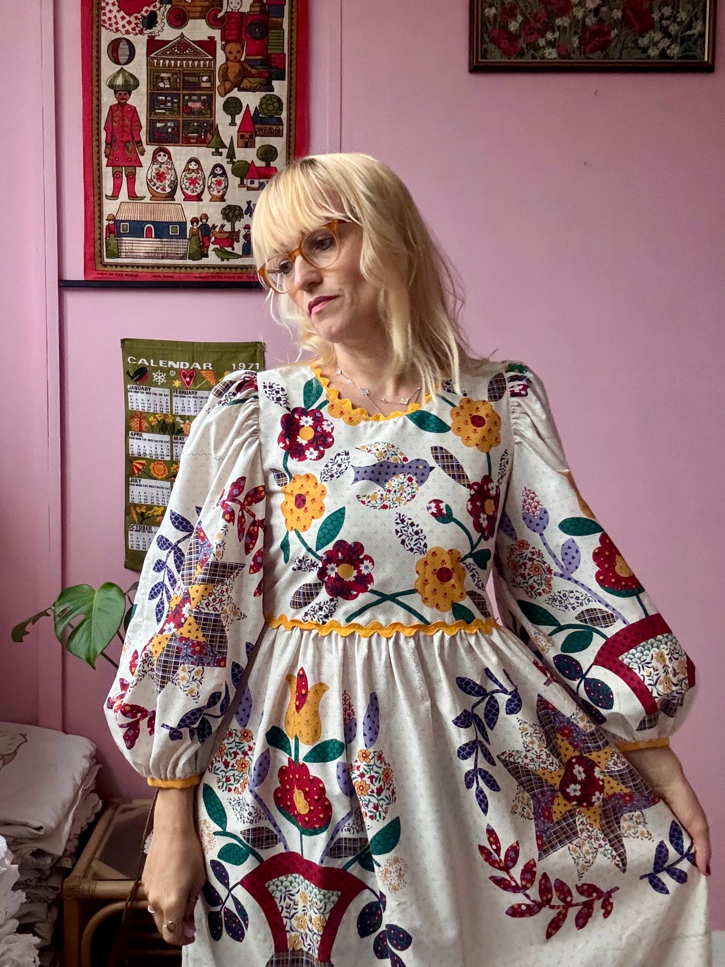 Floral dress with yellow ric rac and detachable collar