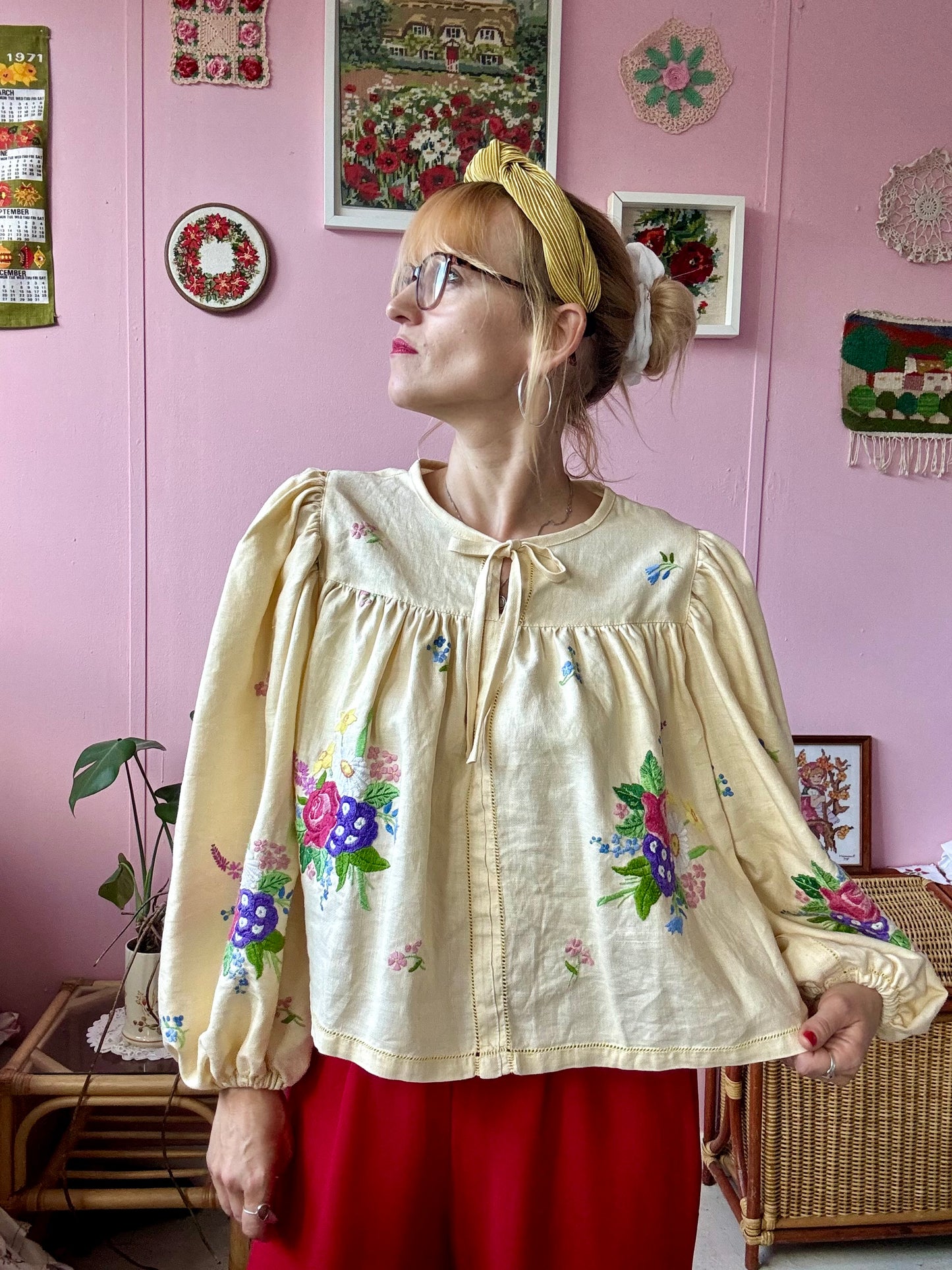 Yellow blouse with floral embroidery
